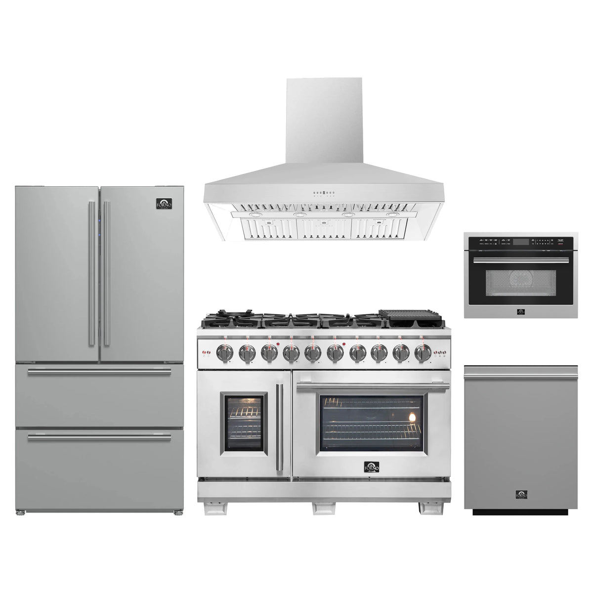 Forno 5-Piece Pro Appliance Package - 48-Inch Dual Fuel Range, Refrigerator, Wall Mount Hood, 24-Inch Microwave Oven, & 3-Rack Dishwasher in Stainless Steel