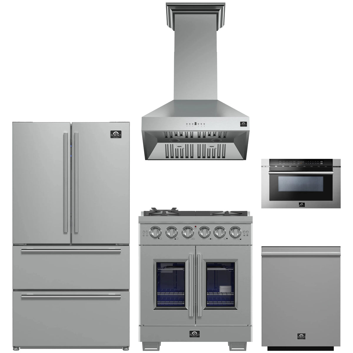 Forno 5-Piece Pro Appliance Package - 30-Inch Gas Range, Refrigerator, Wall Mount Hood, 24-Inch Microwave Drawer, & 3-Rack Dishwasher in Stainless Steel