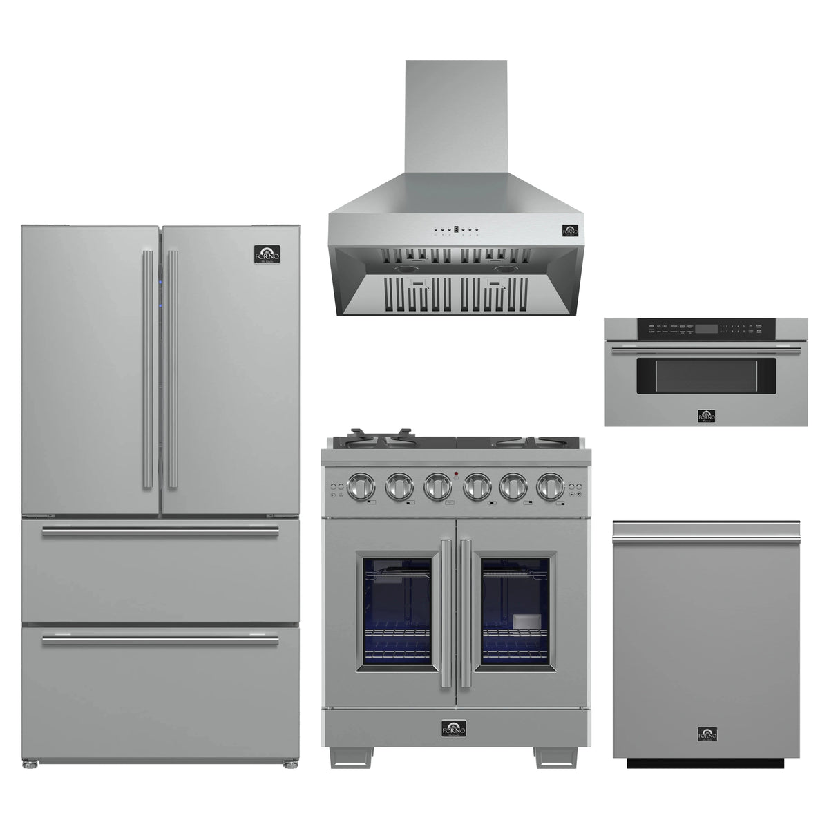 Forno 5-Piece Pro Appliance Package - 30-Inch Gas Range, Refrigerator, Wall Mount Hood, 30-Inch Microwave Drawer, & 3-Rack Dishwasher in Stainless Steel