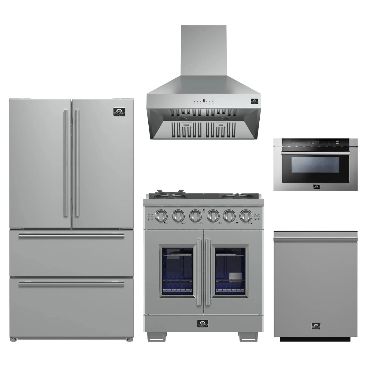 Forno 5-Piece Pro Appliance Package - 30-Inch Gas Range, Refrigerator, Wall Mount Hood, 24-Inch Microwave Drawer, & 3-Rack Dishwasher in Stainless Steel