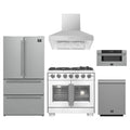 Forno 5-Piece Pro Appliance Package - 36-Inch Capriasca French Door Gas Range, Refrigerator, Wall Mount Hood, 30-Inch Microwave Drawer, & 3-Rack Dishwasher in Stainless Steel