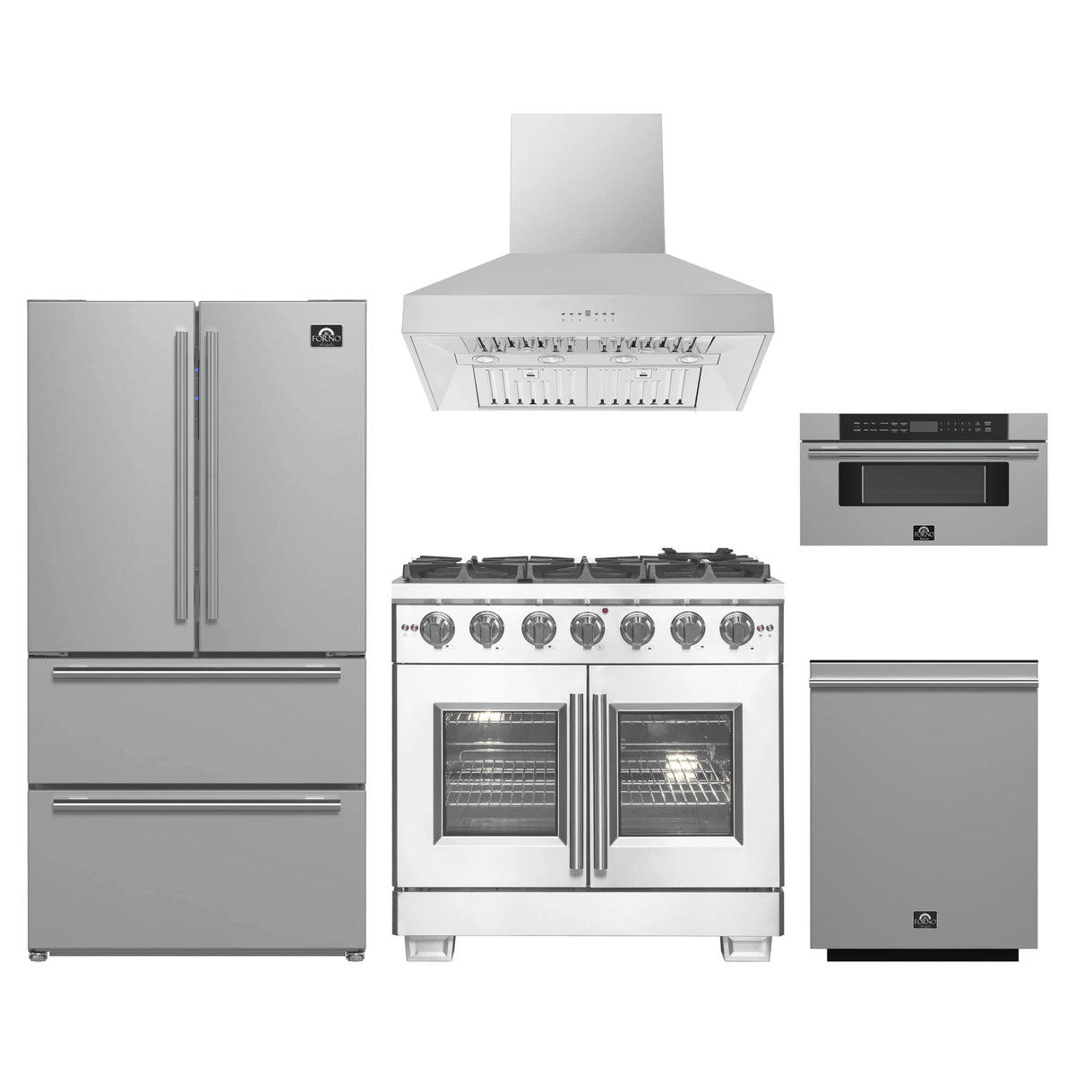 Forno 5-Piece Pro Appliance Package - 36-Inch Gas Range, Refrigerator, Wall Mount Hood, 30-Inch Microwave Drawer, & 3-Rack Dishwasher in Stainless Steel