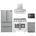 Forno 5-Piece Pro Appliance Package - 36-Inch Capriasca French Door Gas Range, Refrigerator, Wall Mount Hood, 24-Inch Microwave Drawer, & 3-Rack Dishwasher in Stainless Steel