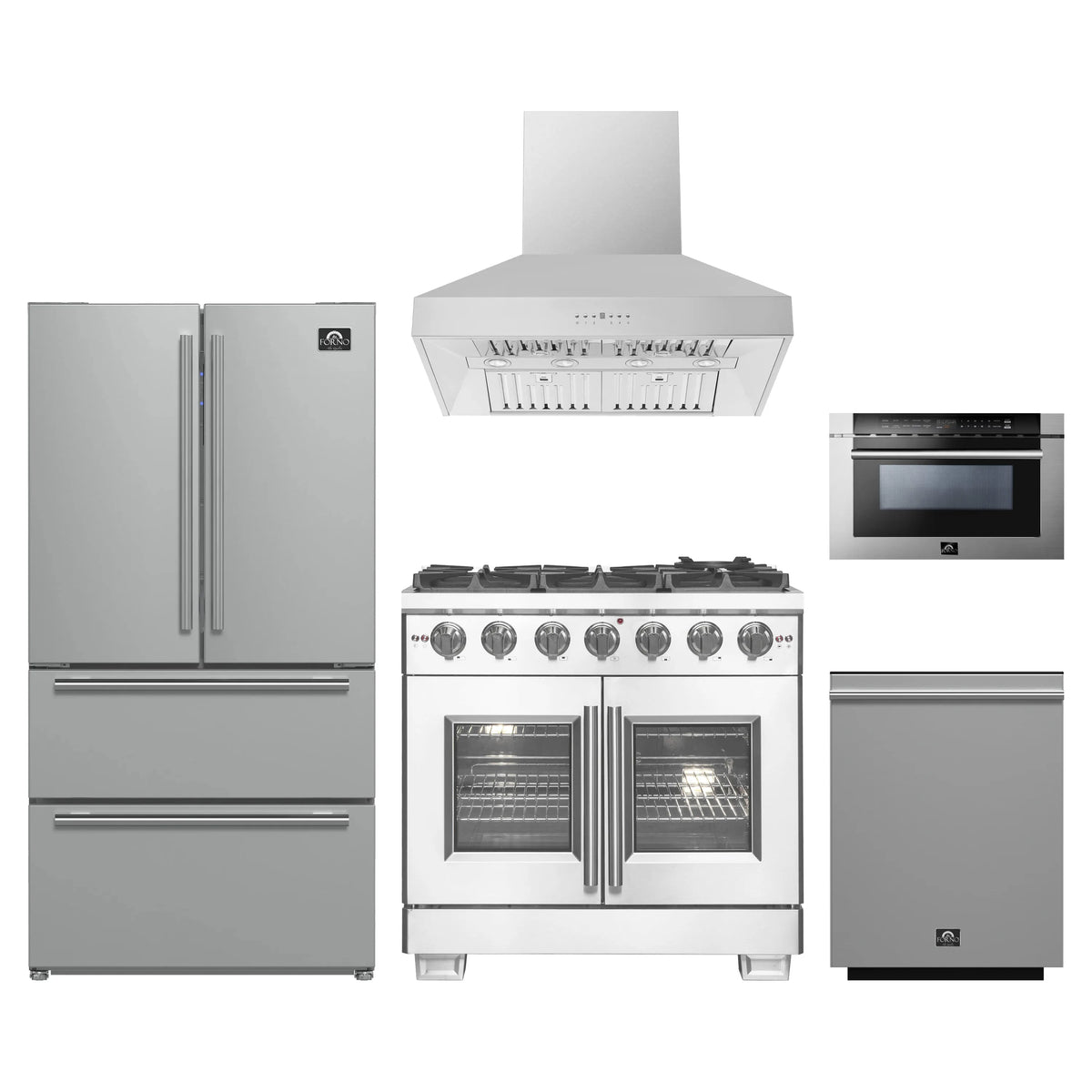 Forno 5-Piece Pro Appliance Package - 36-Inch Gas Range, Refrigerator, Wall Mount Hood, 24-Inch Microwave Drawer, & 3-Rack Dishwasher in Stainless Steel