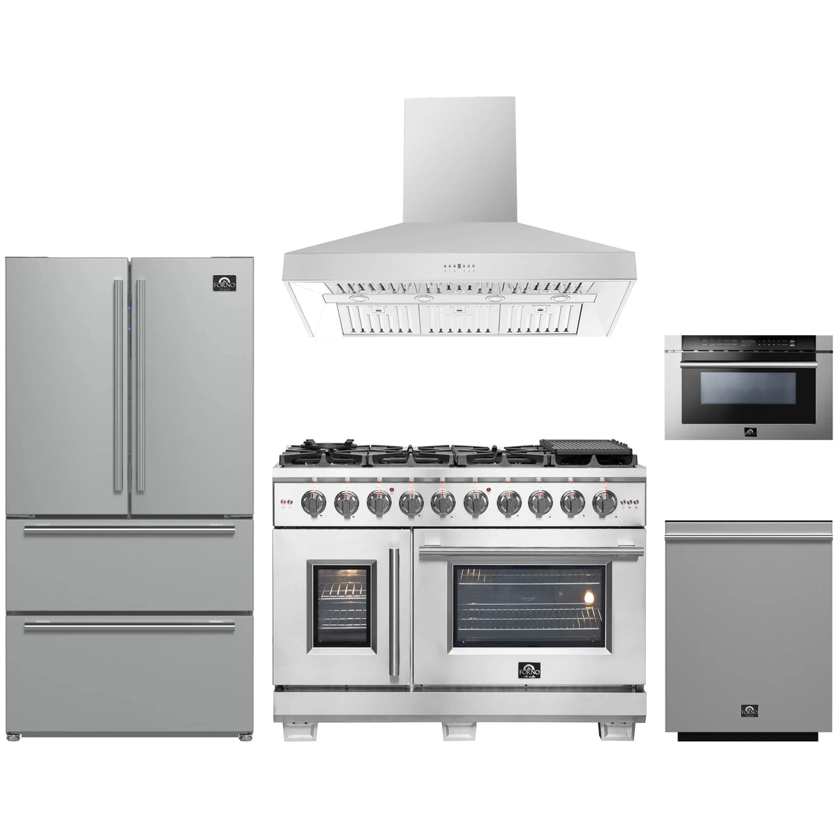 Forno 5-Piece Pro Appliance Package - 48-Inch Gas Range, Refrigerator, Wall Mount Hood, 24-Inch Microwave Drawer, & 3-Rack Dishwasher in Stainless Steel