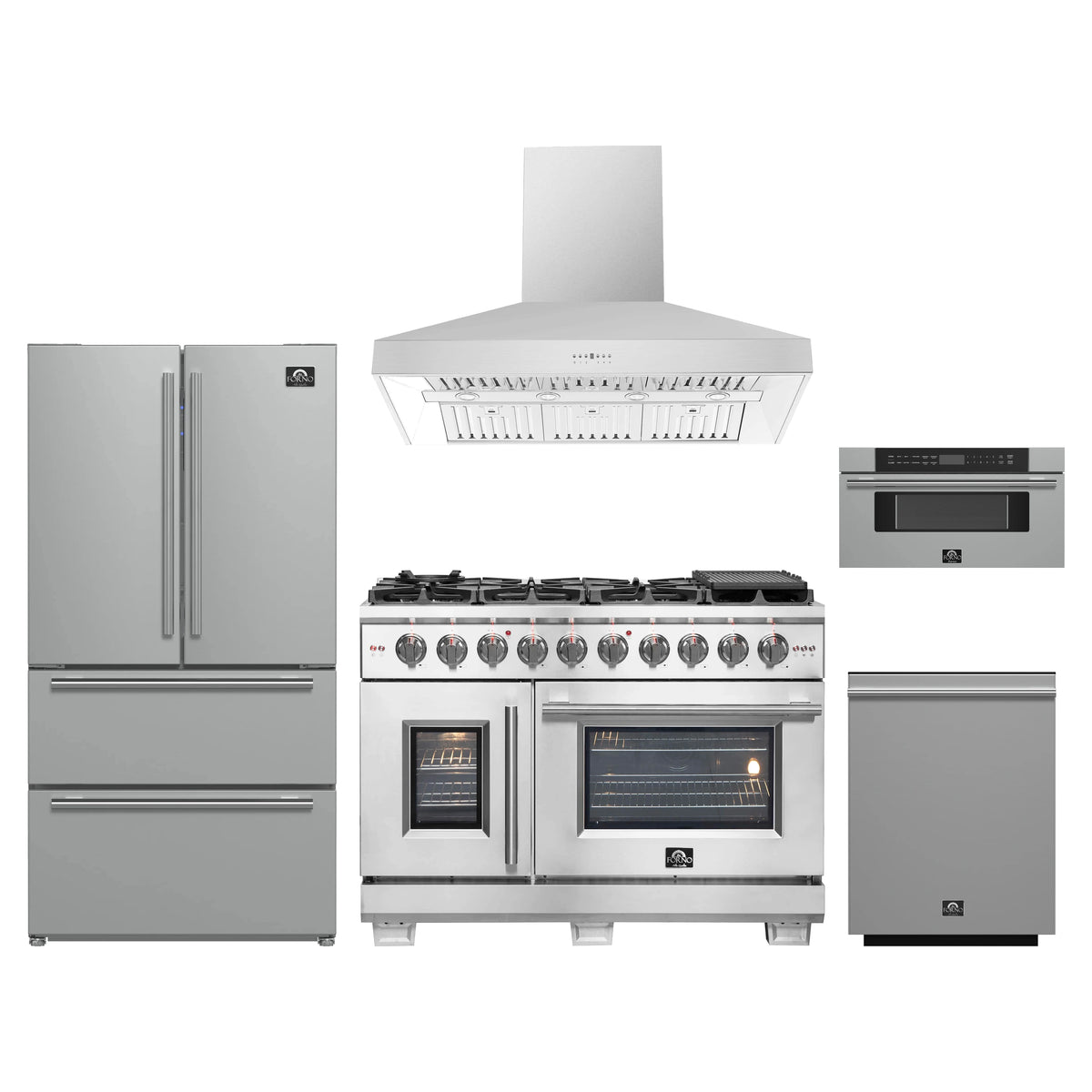 Forno 5-Piece Pro Appliance Package - 48-Inch Gas Range, Refrigerator, Wall Mount Hood, 30-Inch Microwave Drawer, & 3-Rack Dishwasher in Stainless Steel