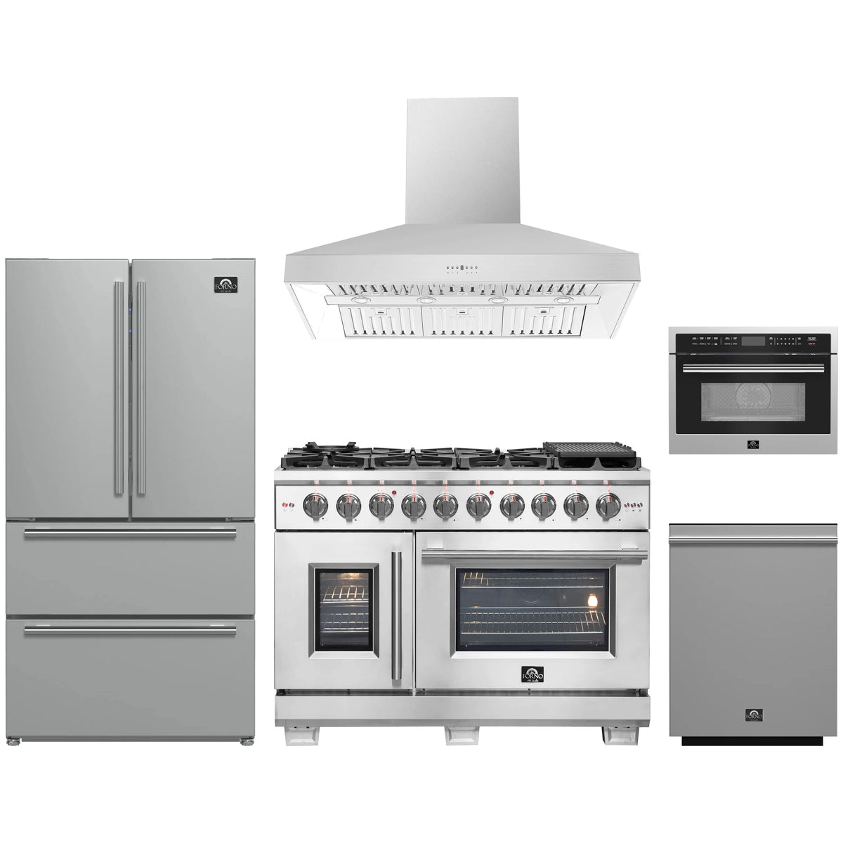 Forno 5-Piece Pro Appliance Package - 48-Inch Gas Range, Refrigerator, Wall Mount Hood, 24-Inch Microwave Oven, & 3-Rack Dishwasher in Stainless Steel