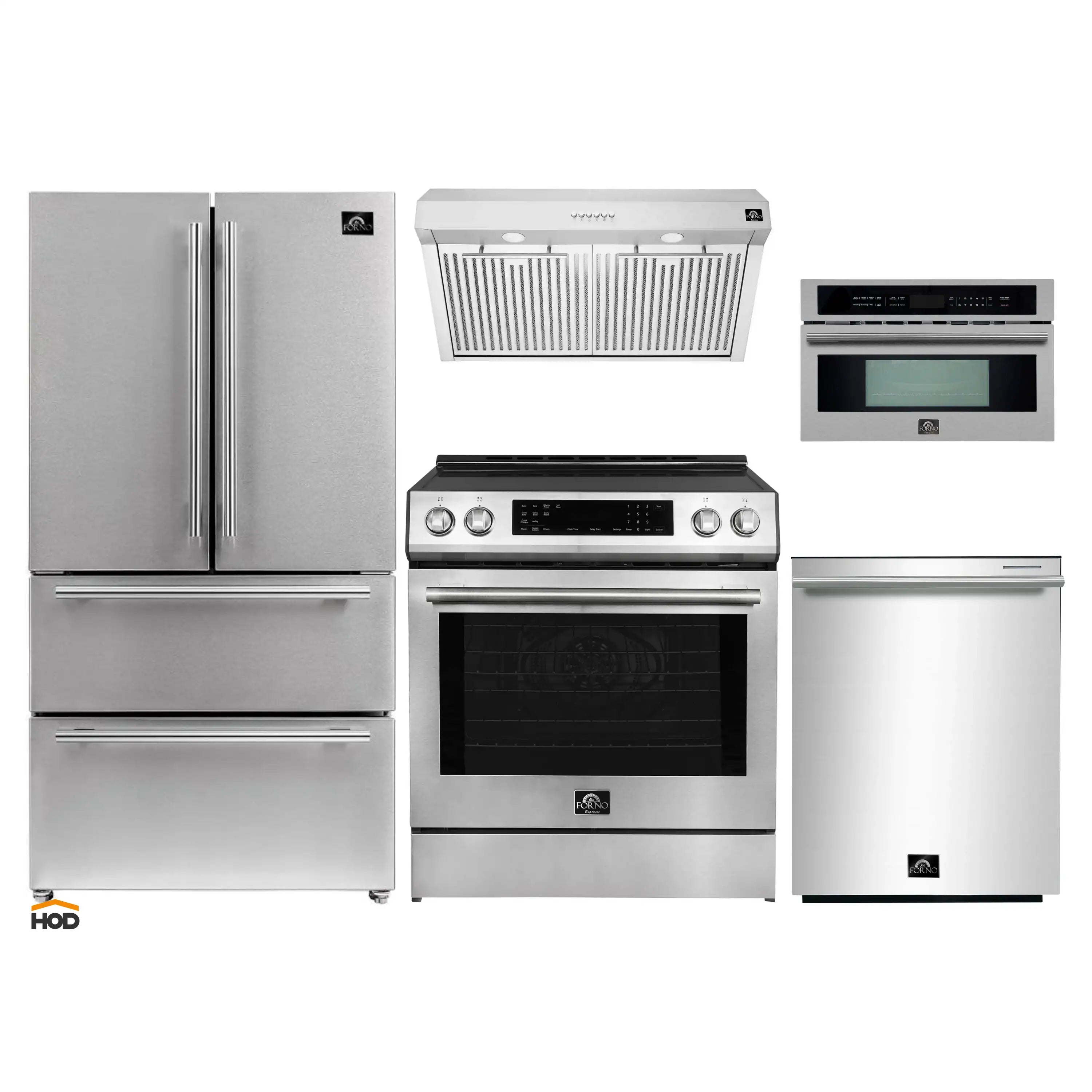 Stainless steel appliance package showing French door refrigerator, range, hood, and dishwasher