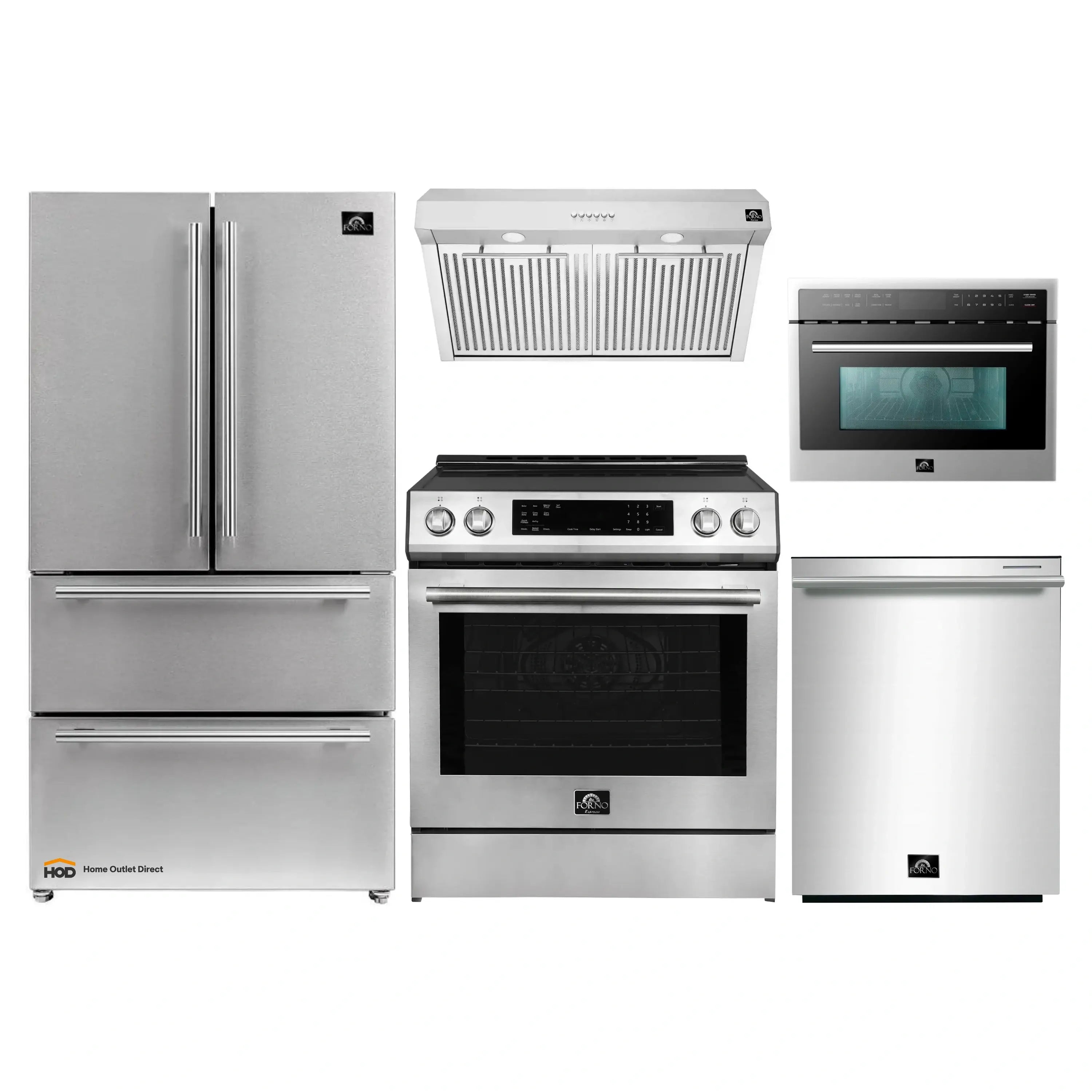 Stainless appliance package set with refrigerator, range, microwave, dishwasher, and hood