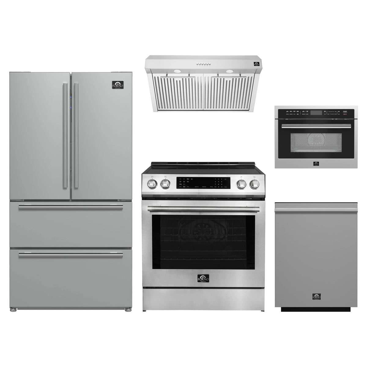 Forno 5-Piece Appliance Package - 30-Inch Induction Range, Under Cabinet Range Hood, Refrigerator, Dishwasher, and 24-Inch Microwave Oven in Stainless Steel