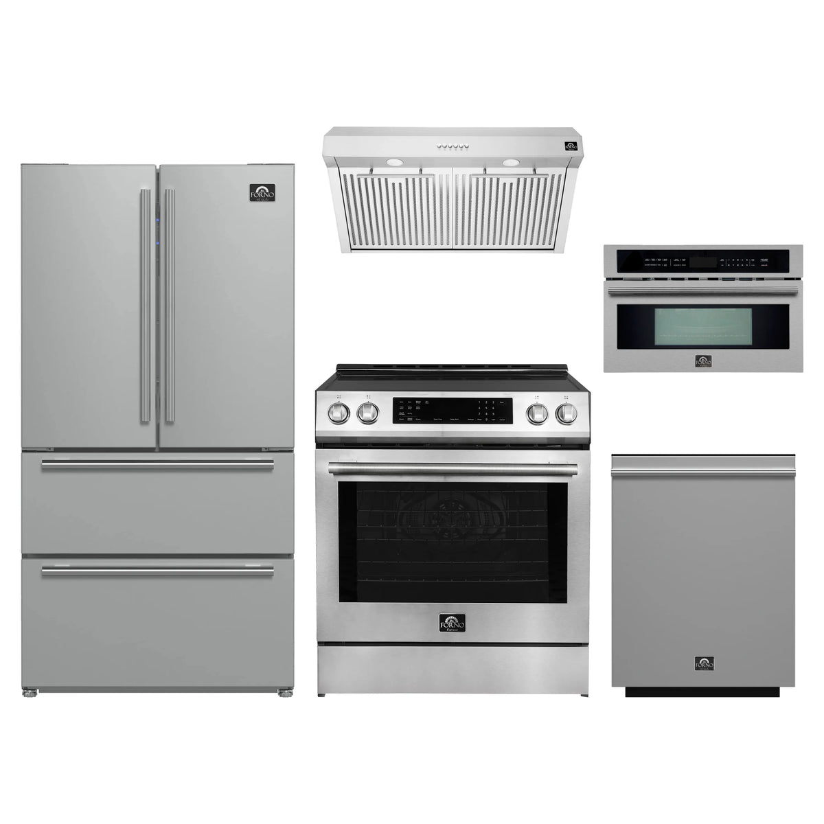 Forno 5-Piece Appliance Package - 30-Inch Induction Range, Under Cabinet Range Hood, Refrigerator, Dishwasher, and 30-Inch Microwave Oven in Stainless Steel