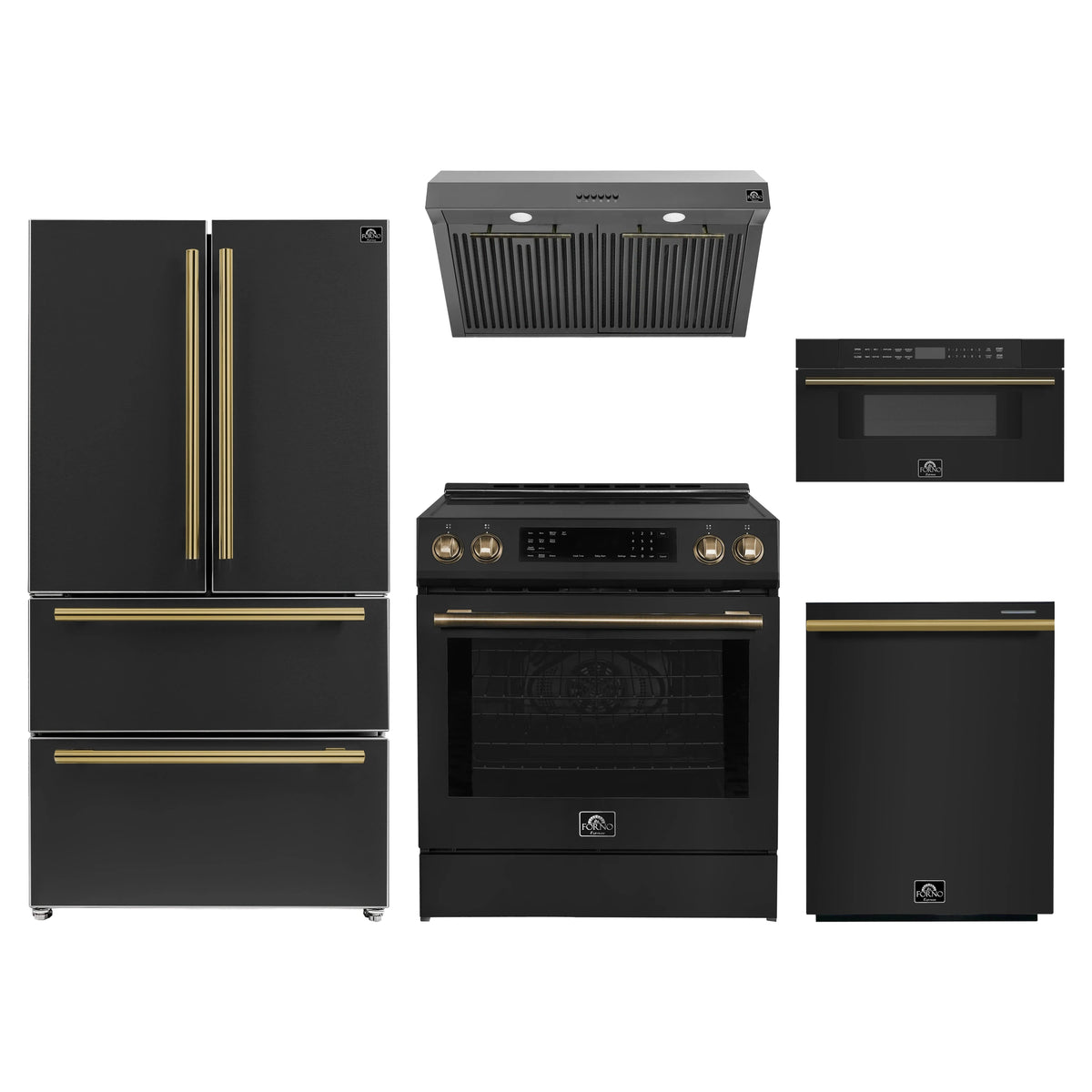 Forno 5-Piece Appliance Package - 30-Inch Induction Range, Under Cabinet Range Hood, French Door Refrigerator, Dishwasher, and 30-Inch Microwave Drawer in Black with Antique Brass Trim