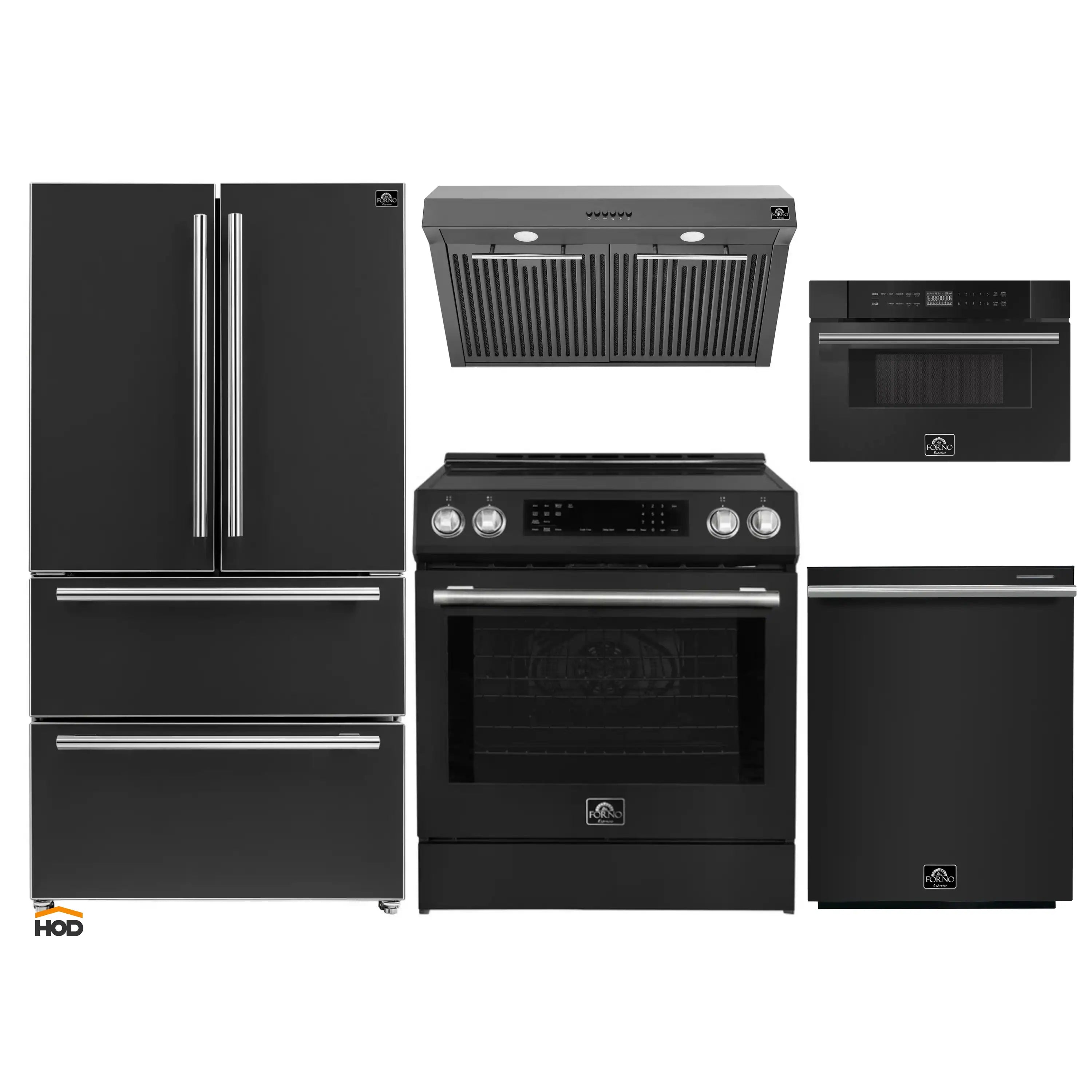 Black appliance bundle with stainless trim: fridge, induction range, hood, microwave, dishwasher