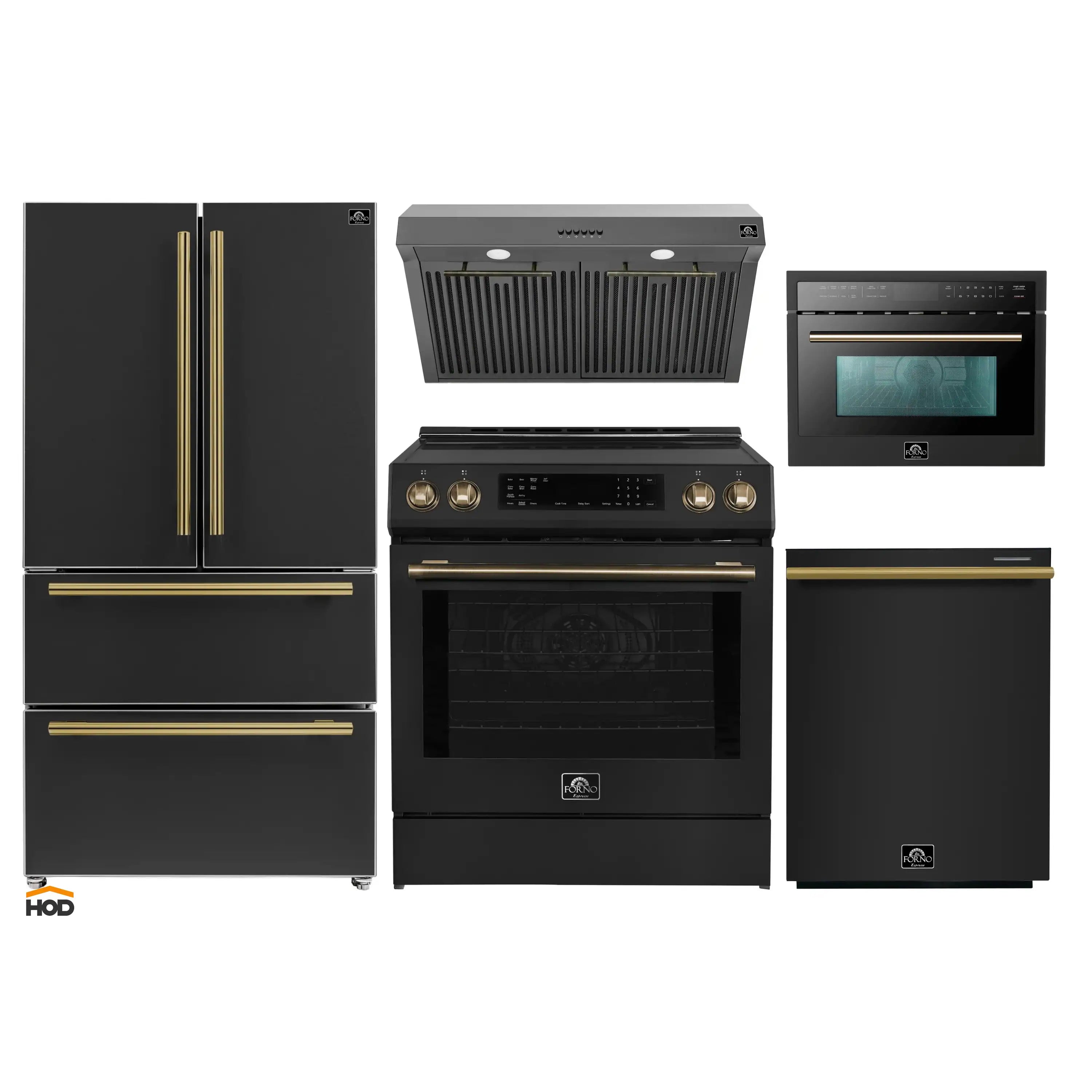 Black appliance package with antique brass accents: refrigerator, oven, range, microwave, hood