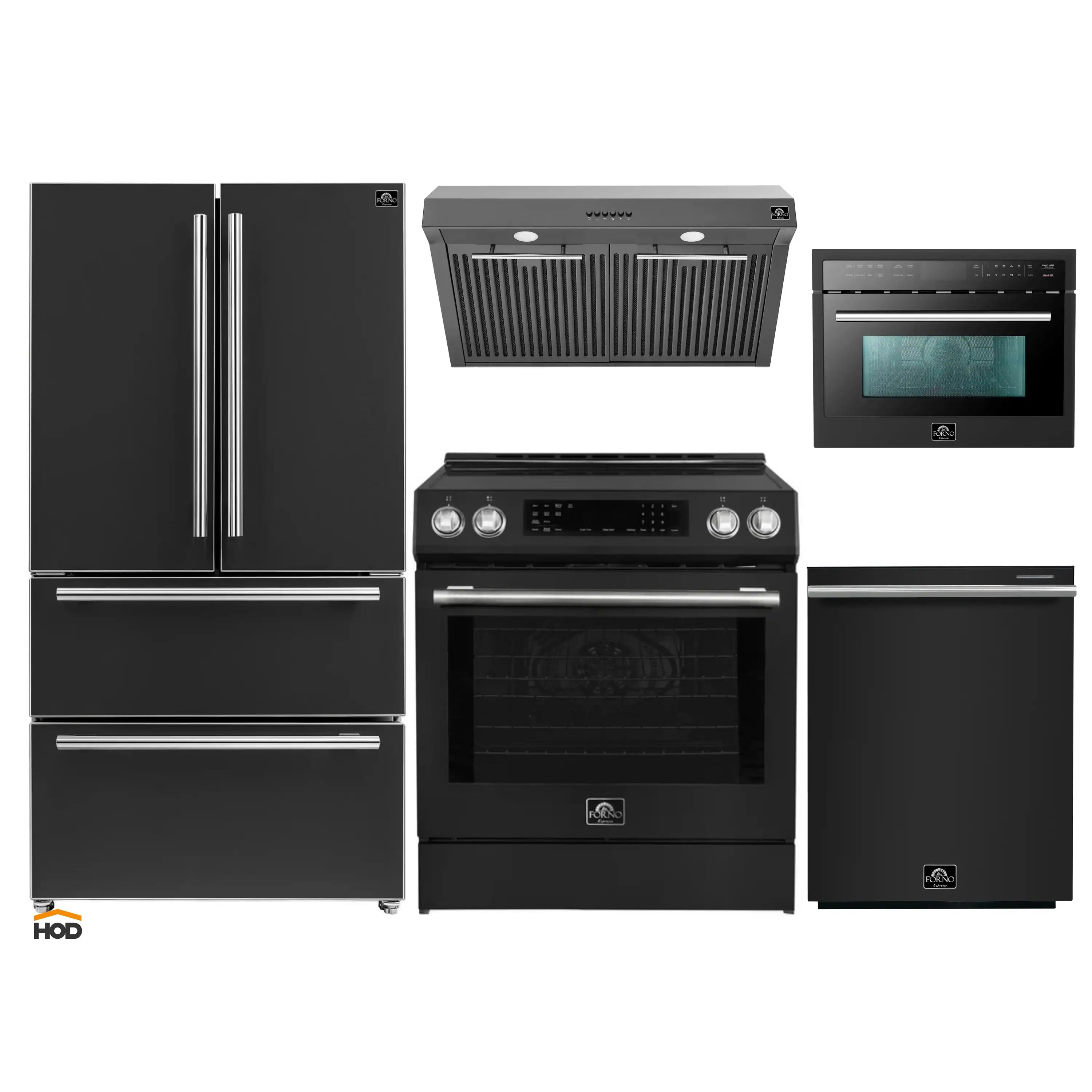 Black appliance package with stainless trim: refrigerator, range, under-hood, microwave, dishwasher