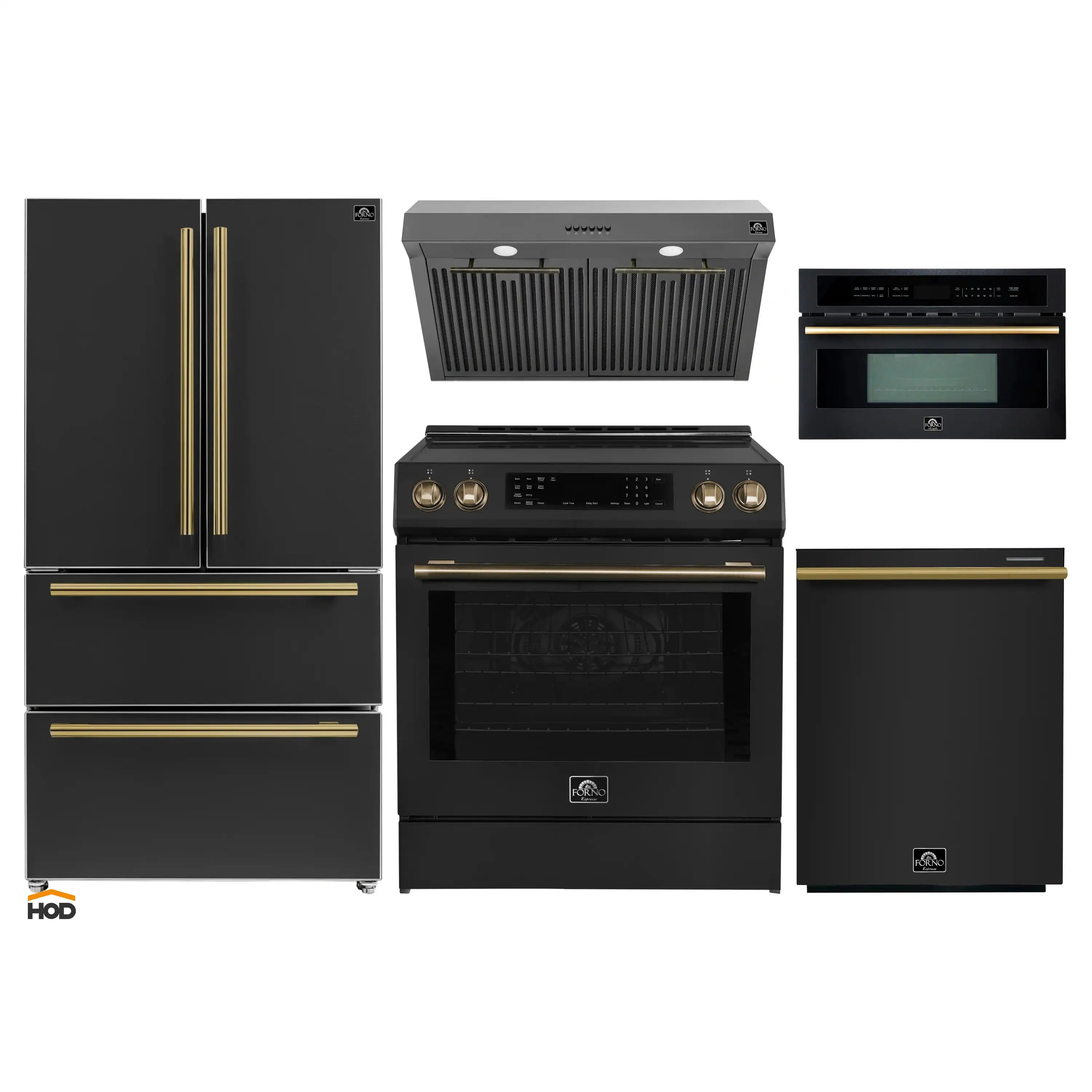 Black 5-piece kitchen appliance set featuring range, hood, microwave, refrigerator, and dishwasher