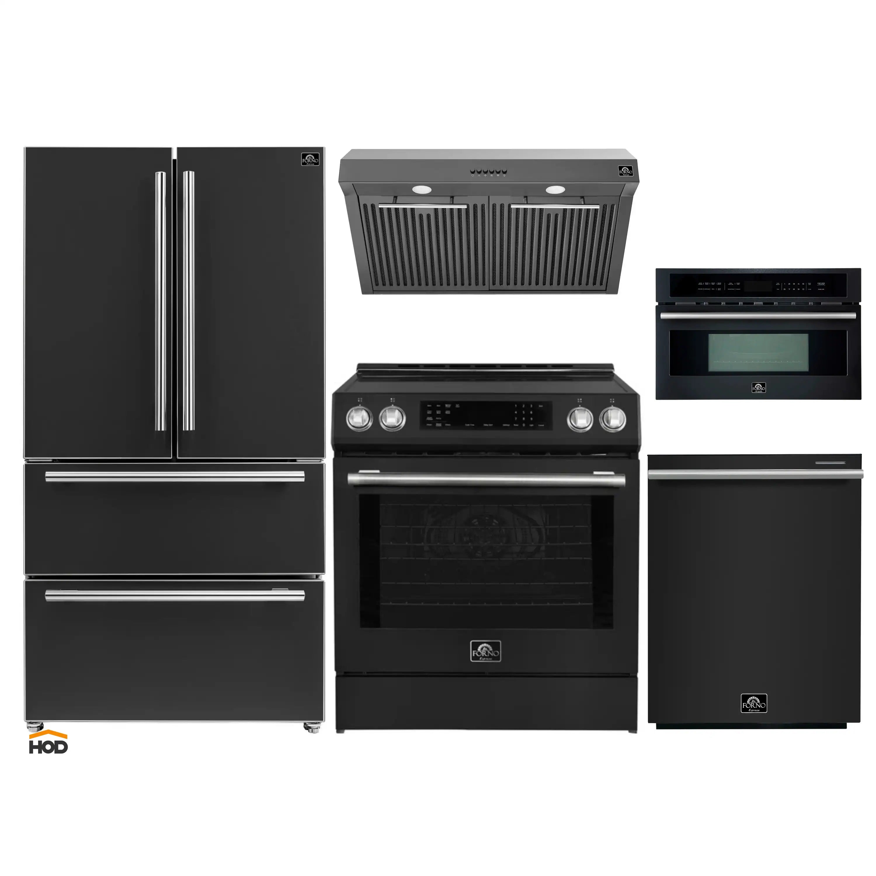 Stainless-trim black appliance package: refrigerator, induction range, microwave, dishwasher, hood