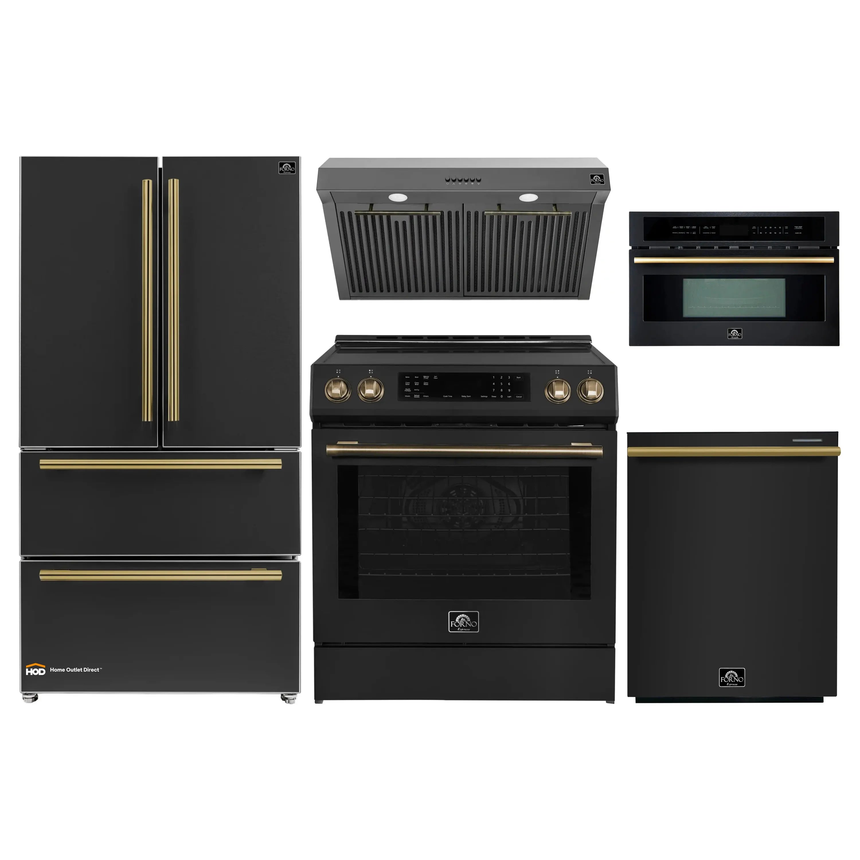 Black 5-piece appliance set with antique brass accents: range, hood, fridge, dishwasher, microwave