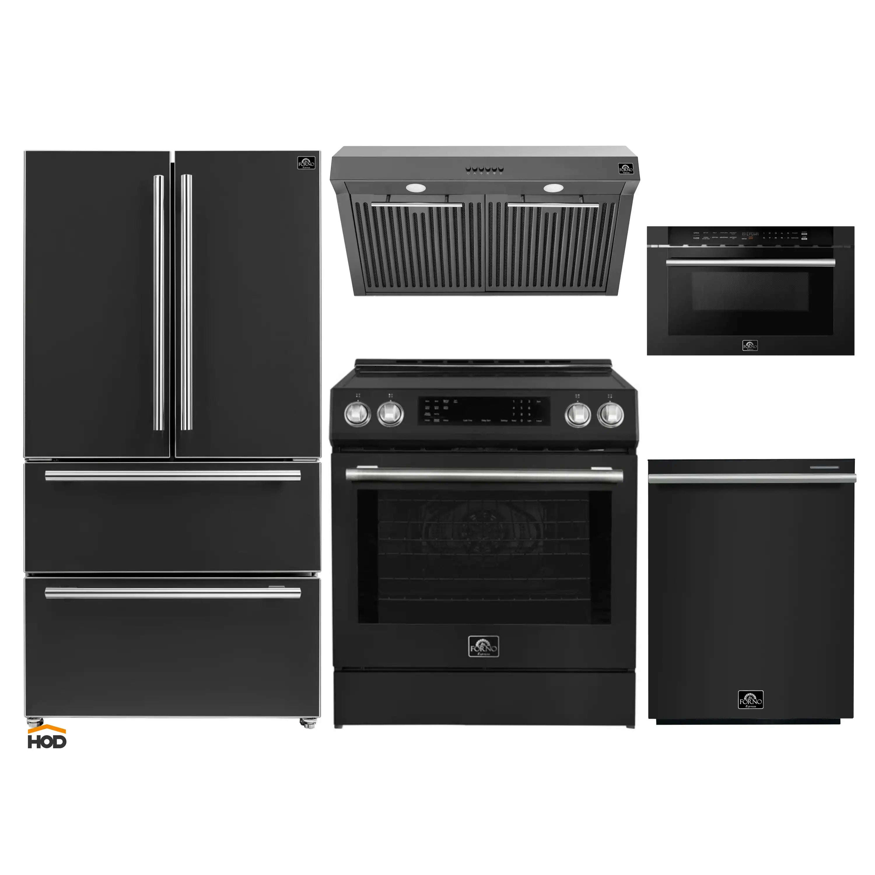 Black appliance set with stainless-trim refrigerator, range, hood, dishwasher, microwave