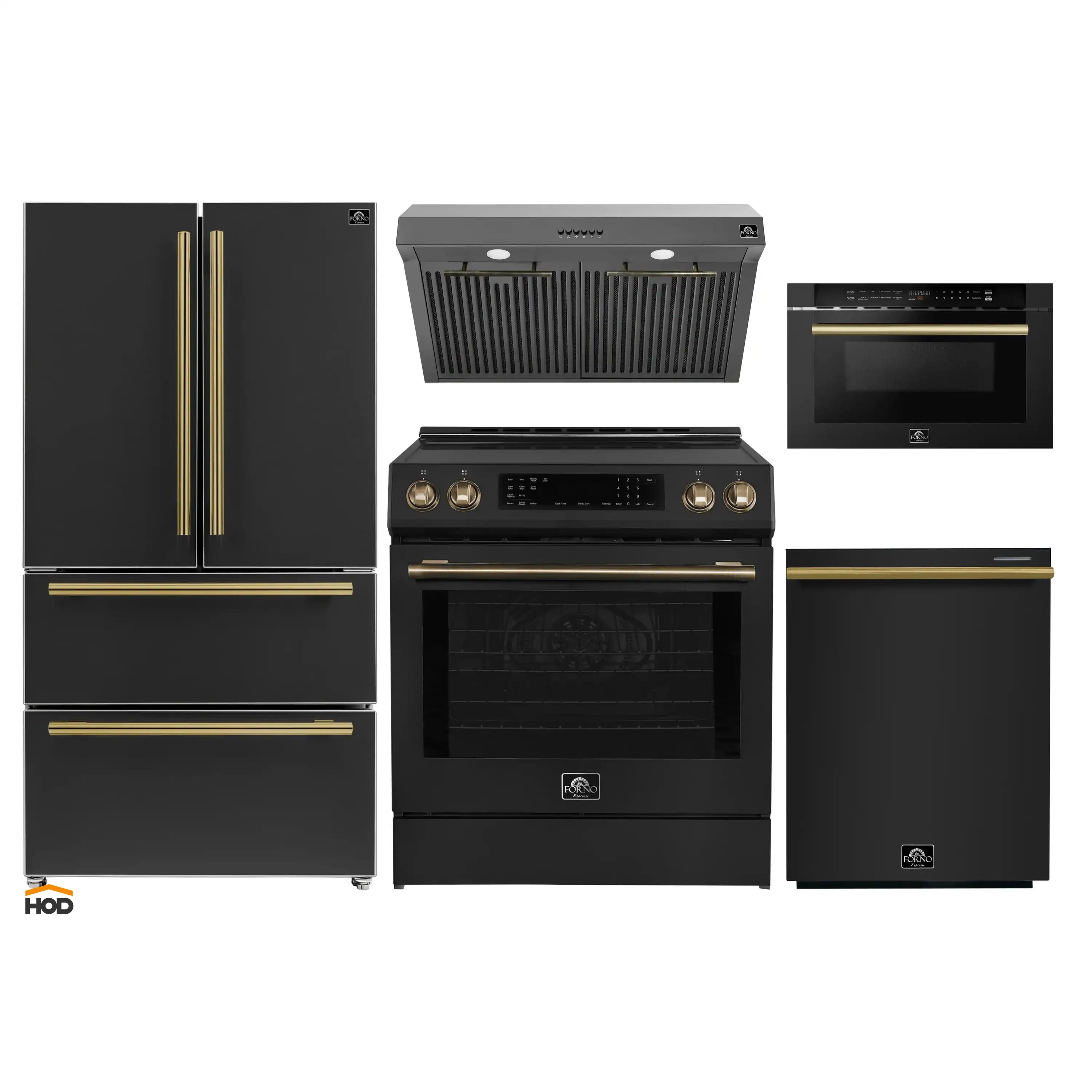 5-piece appliance package: black refrigerator, range, dishwasher and microwave/hood set