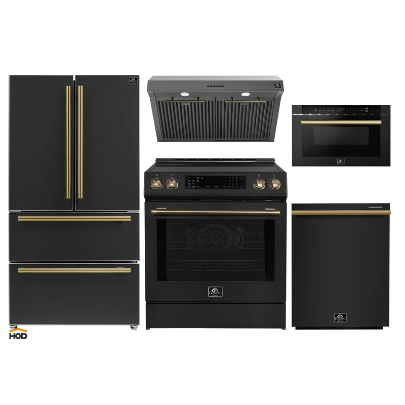 Forno 5-Piece Appliance Package - 30-Inch Induction Range, Under Cabinet Range Hood, Refrigerator, Dishwasher, and  Microwave Drawer in Black with Antique Brass Trim