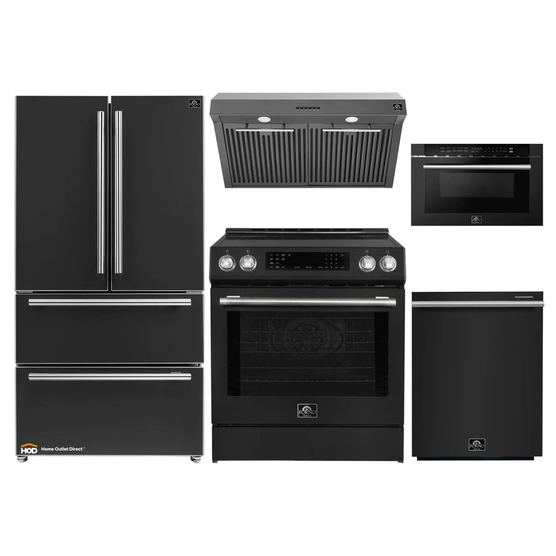Forno 5-Piece Appliance Package - 30-Inch Induction Range, Under Cabinet Range Hood, Refrigerator, Dishwasher, and 24-Inch Microwave Drawer in Black with Stainless Steel Trim