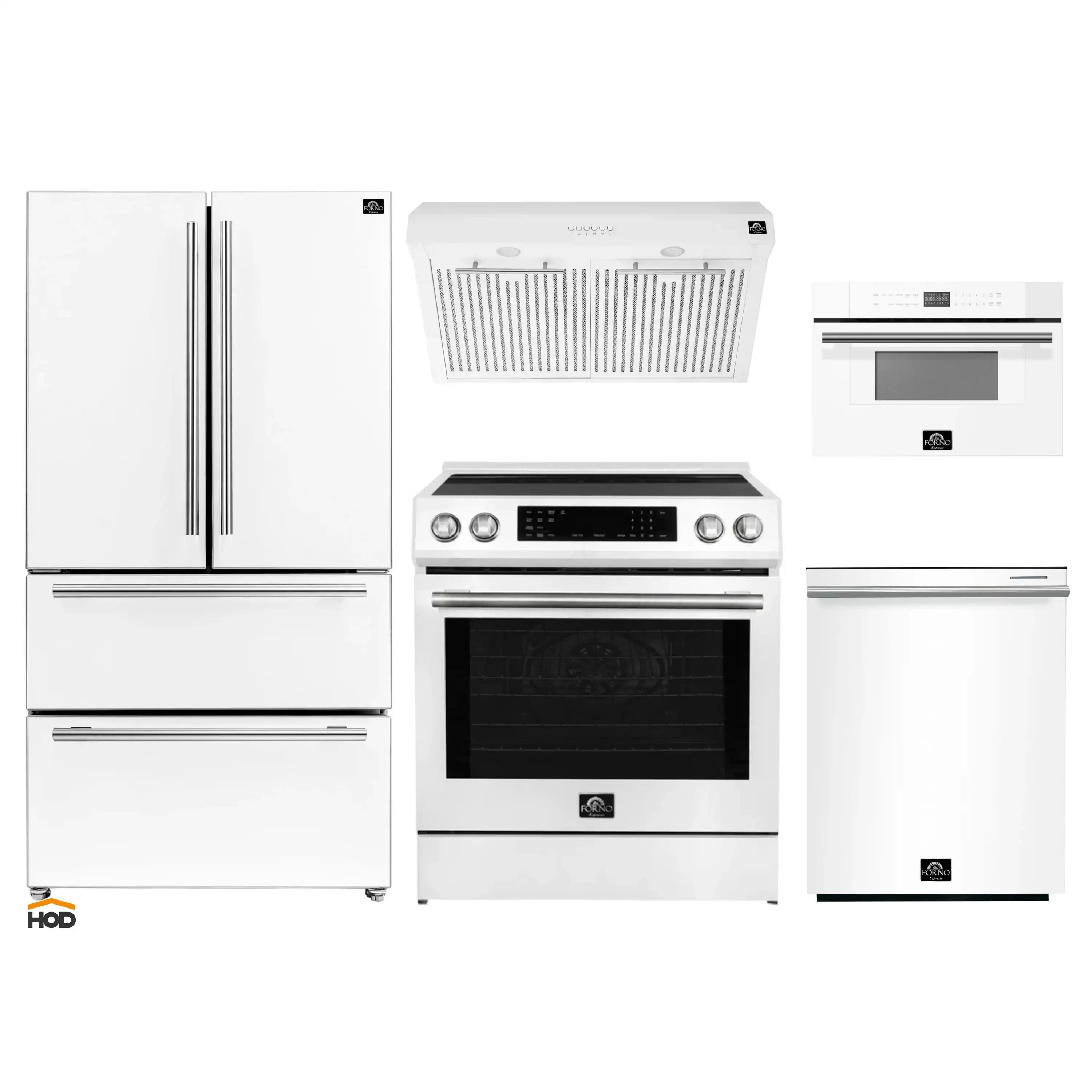 Kitchen appliance set with white refrigerator, oven range, and dishwasher