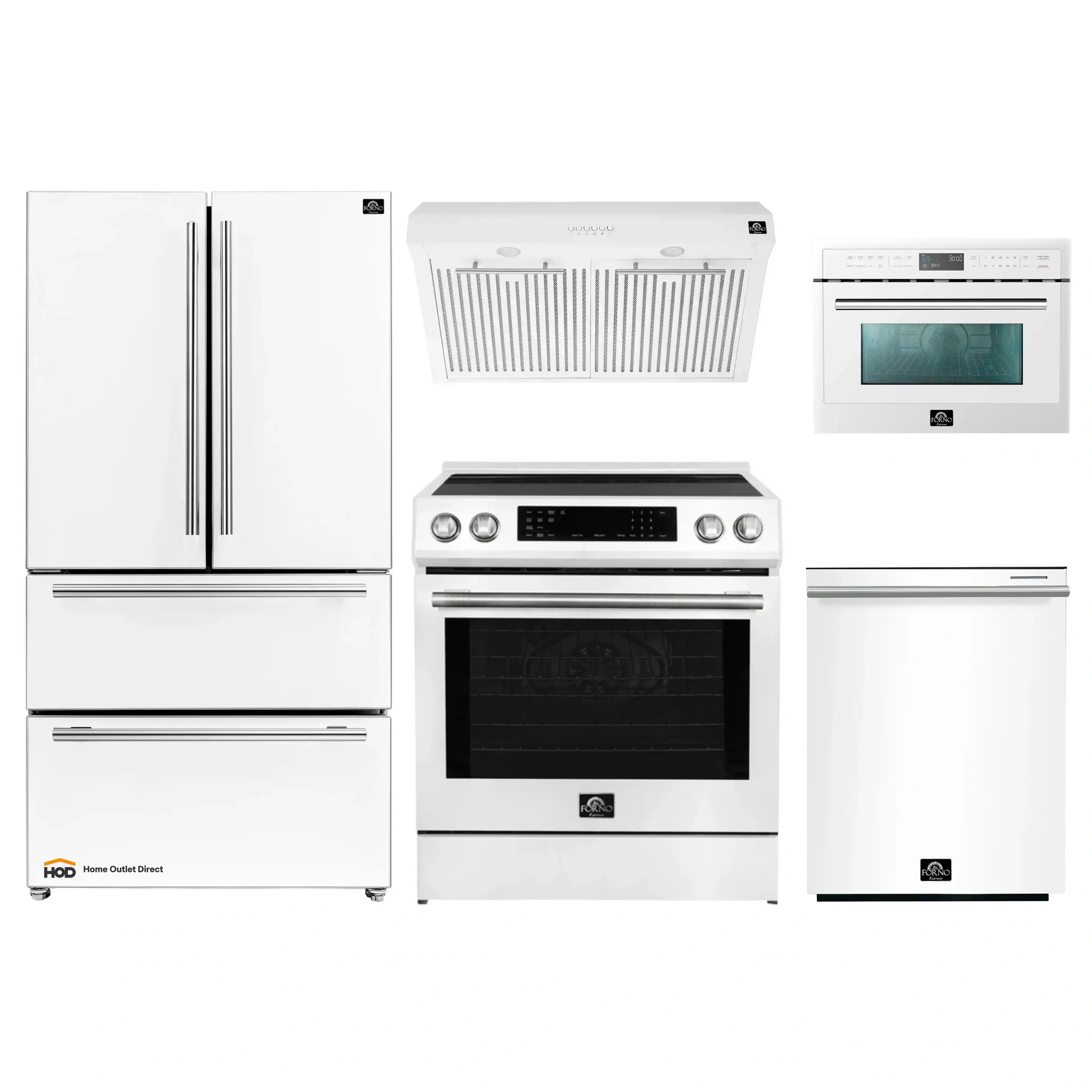 Front view of white 5-piece appliance package with stainless trim: fridge, range, hood, microwave, dishwasher