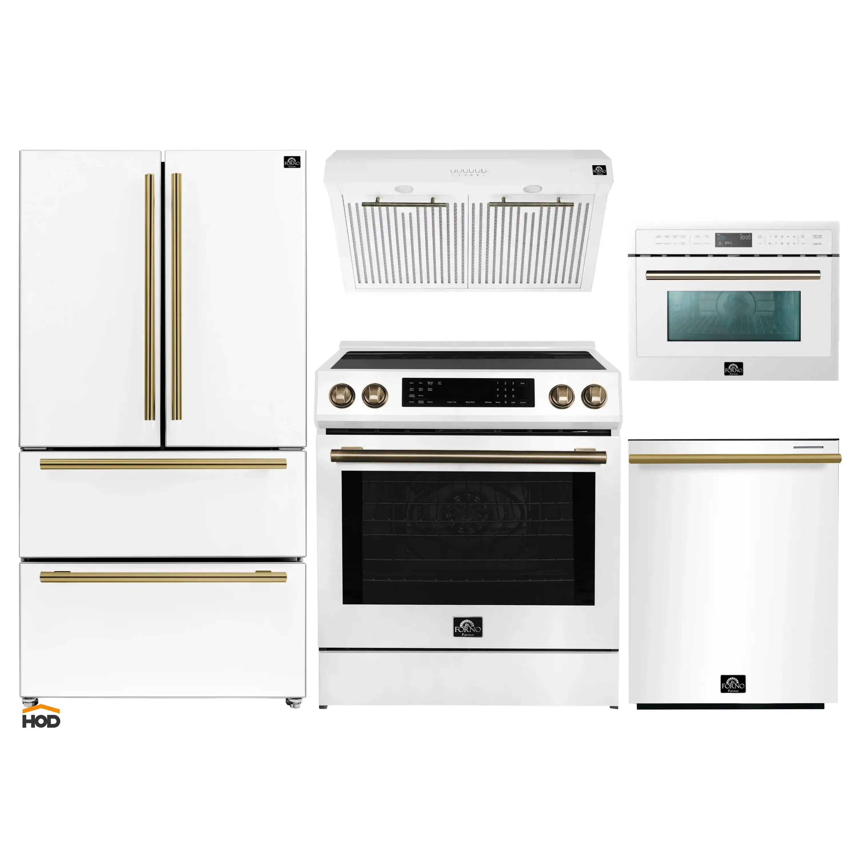 White 5-piece appliance set with induction range, fridge, microwave and dishwasher, brass trim