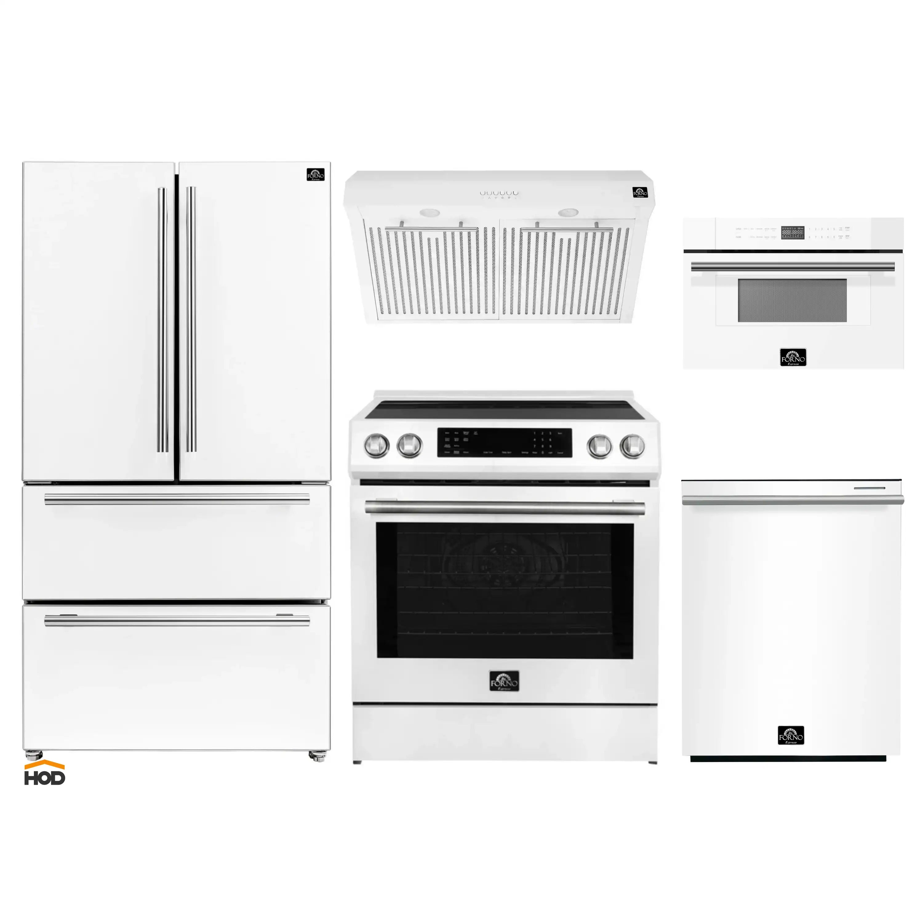 White appliance package with stainless trim: refrigerator, range, microwave and dishwasher