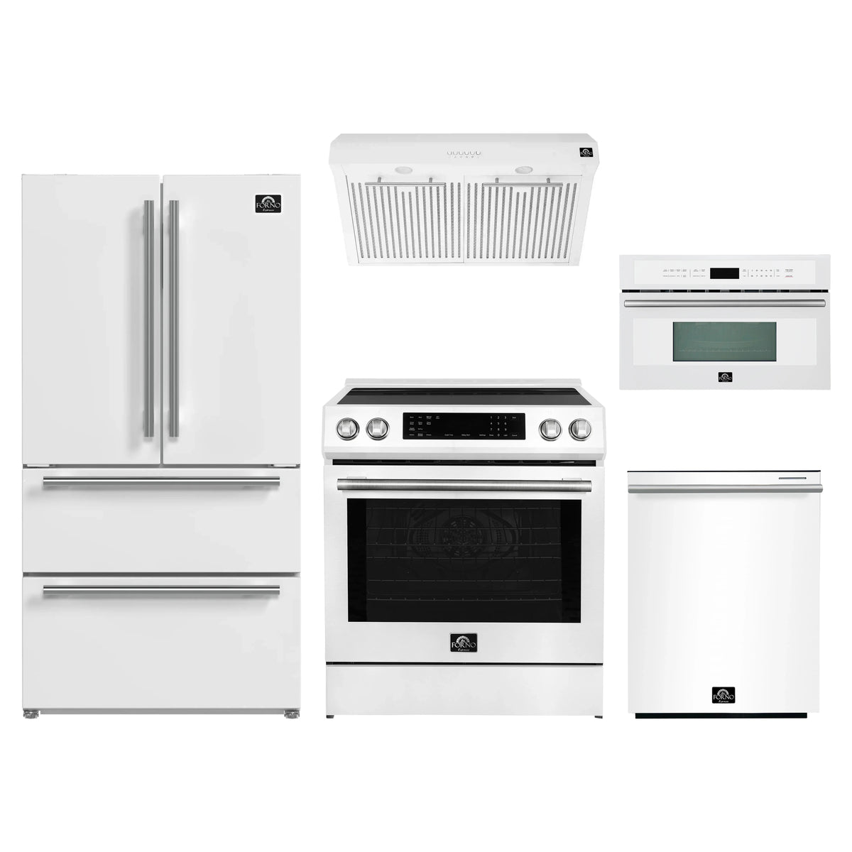Forno 5-Piece Appliance Package - 30-Inch Induction Range, Under Cabinet Range Hood, Refrigerator, Dishwasher, and 30-Inch Microwave Oven in White with Stainless Steel Trim