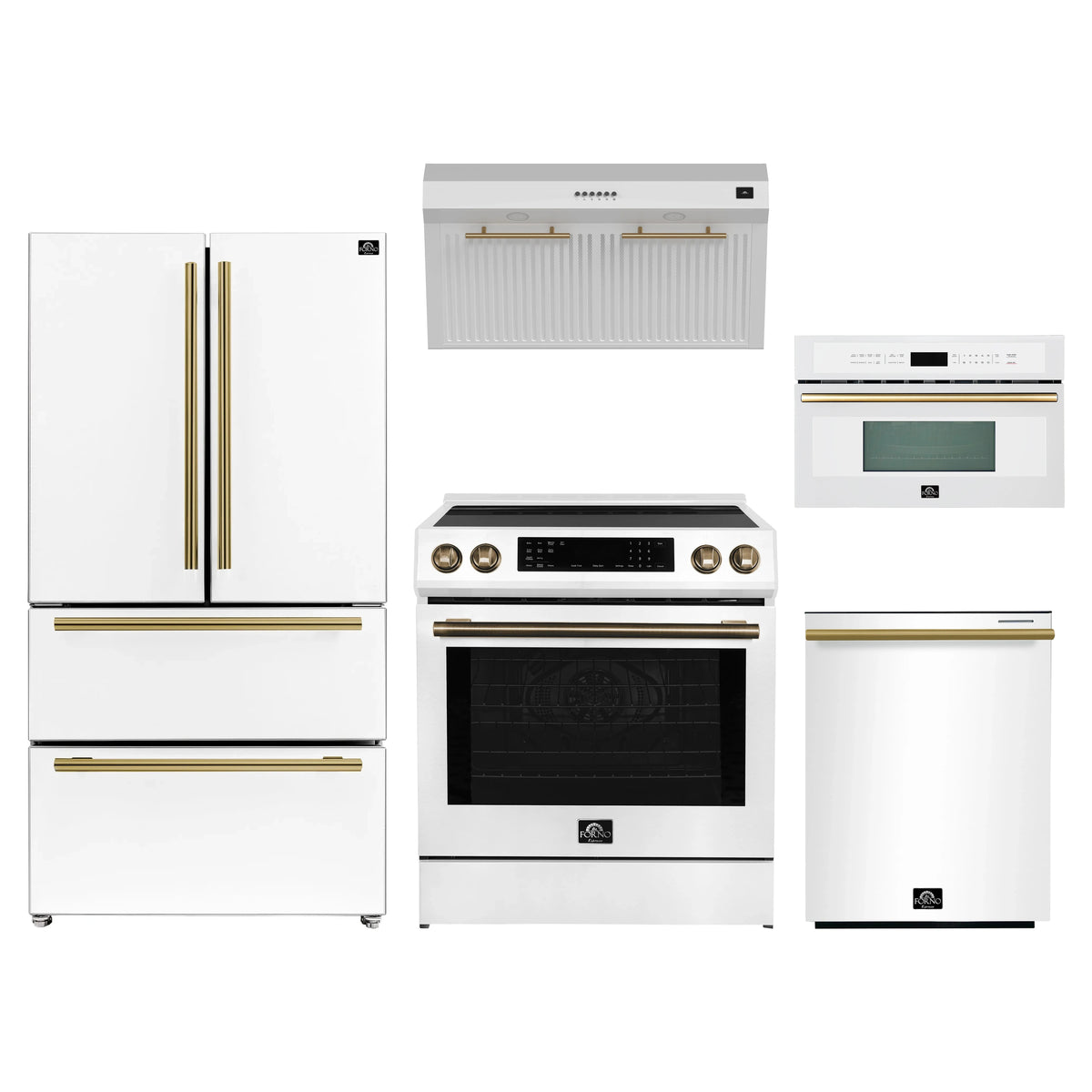 Forno 5-Piece Appliance Package - 30-Inch Induction Range, Under Cabinet Range Hood, Refrigerator, Dishwasher, and 30-Inch Microwave Oven in White with Antique Brass Trim