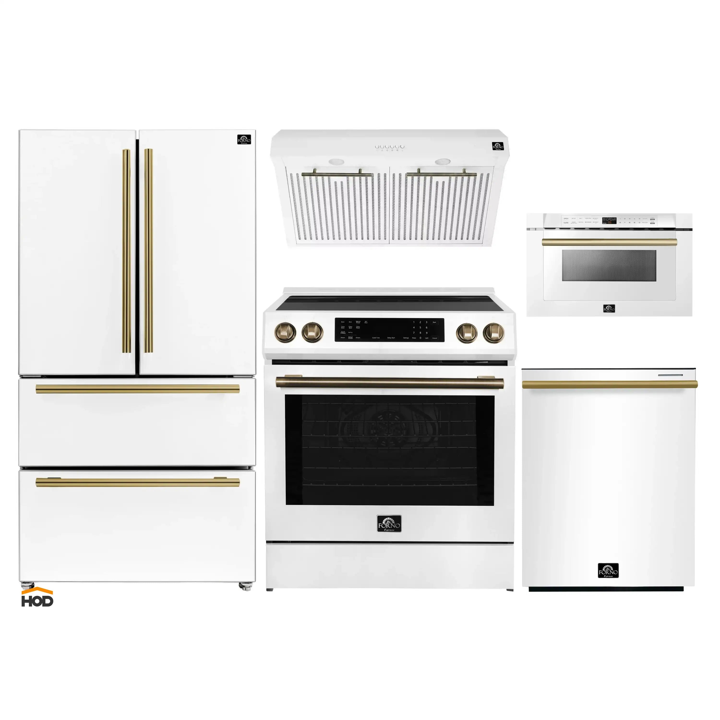 White appliance package with antique brass trim: fridge, induction range+hood, dishwasher, microwave
