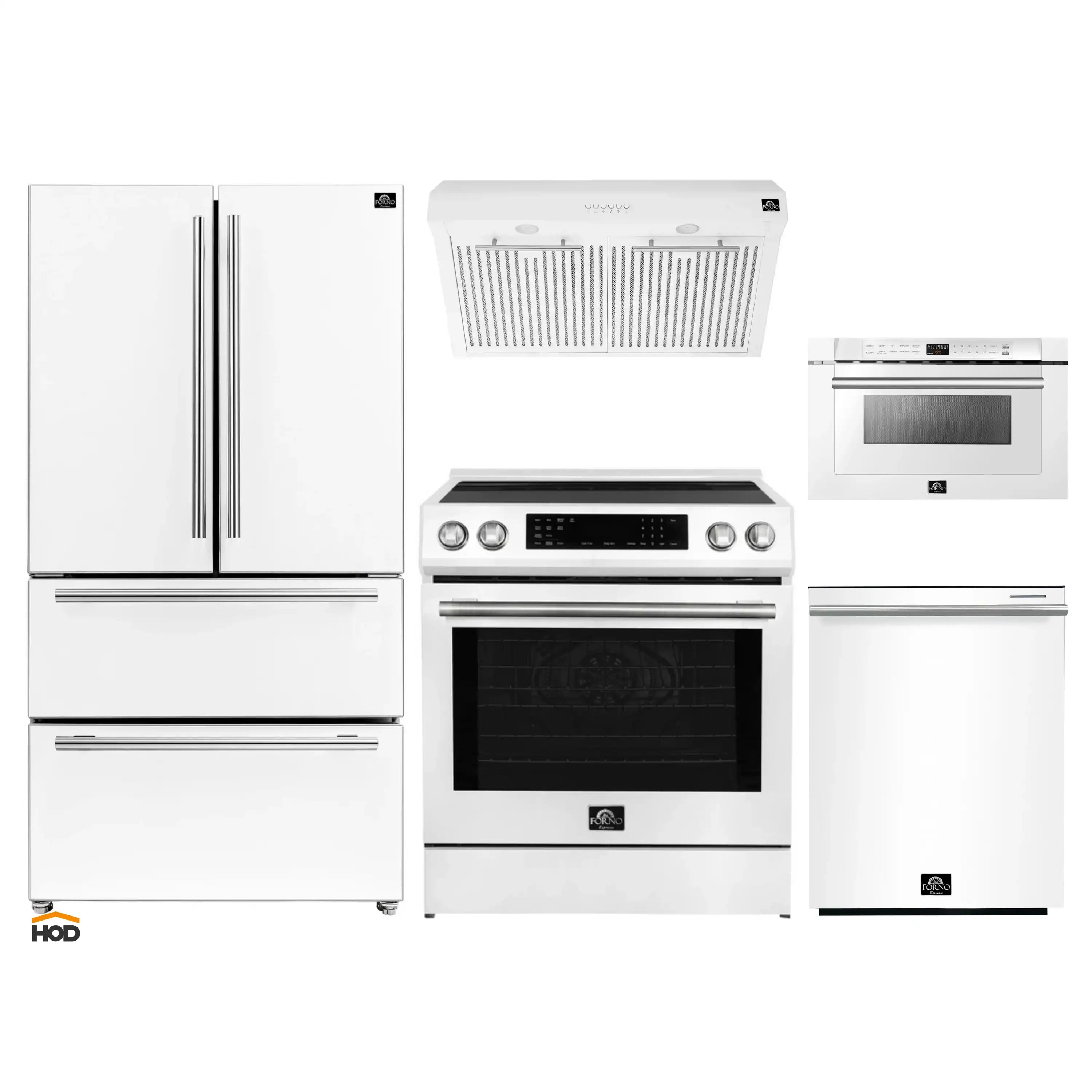 White kitchen appliance package with stainless trim: refrigerator, induction range, and dishwasher