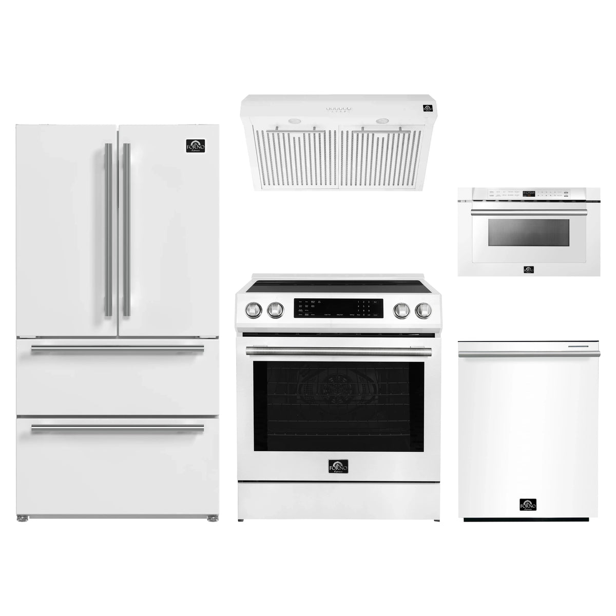 Forno 5-Piece Appliance Package - 30-Inch Induction Range, Under Cabinet Range Hood, Refrigerator, Dishwasher, and Microwave Drawer in White with Stainless Steel Trim