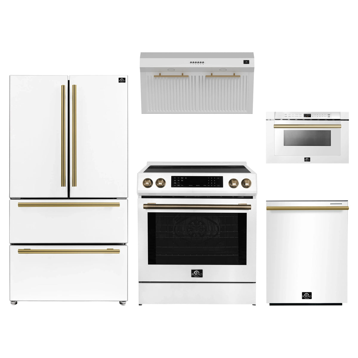 Forno 5-Piece Appliance Package - 30-Inch Induction Range, Under Cabinet Range Hood, Refrigerator, Dishwasher, and Microwave Drawer in White with Antique Brass Trim