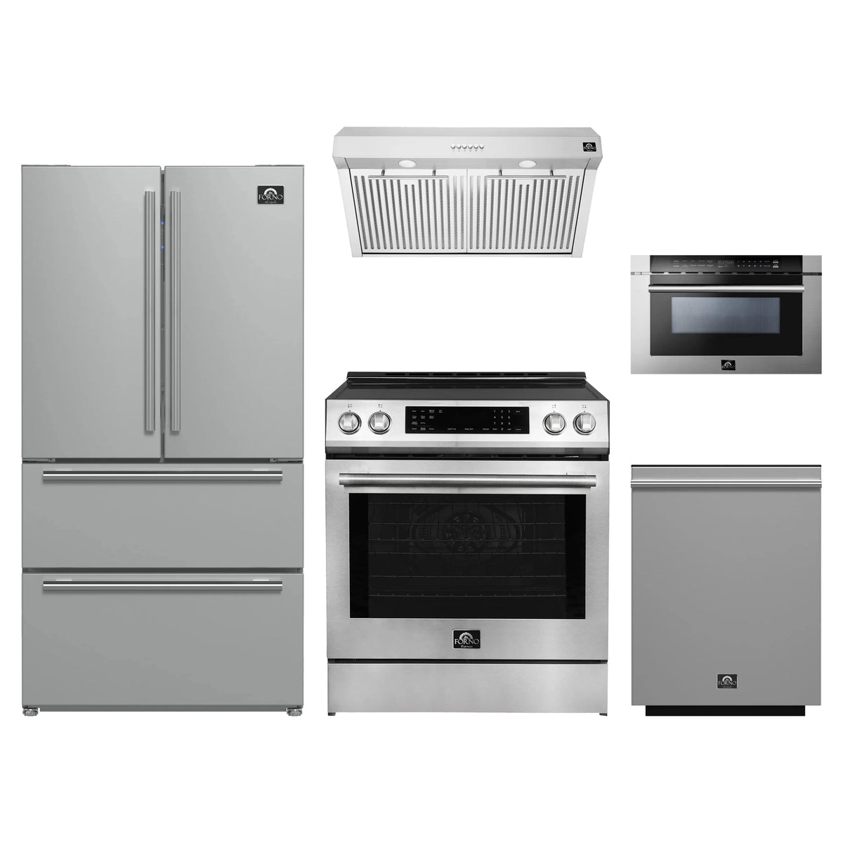 Forno 5-Piece Appliance Package - 30-Inch Induction Range, Under Cabinet Range Hood, Refrigerator, Dishwasher, and Microwave Drawer in Stainless Steel