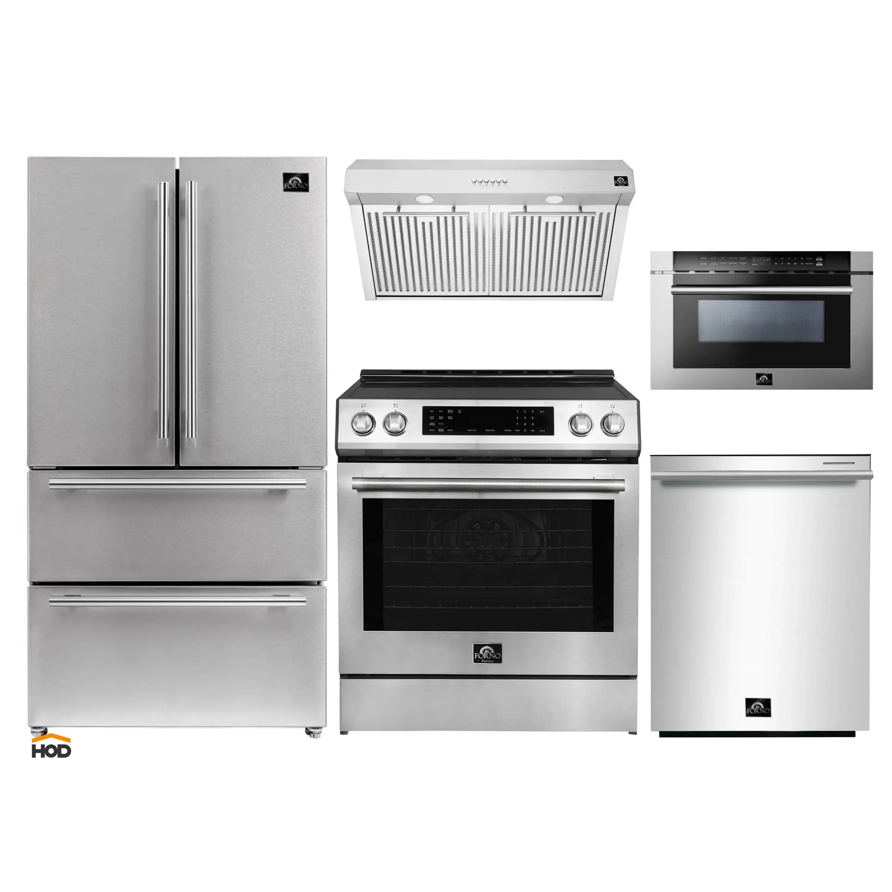 Stainless steel appliance package with refrigerator, range, hood, dishwasher, and drawer unit