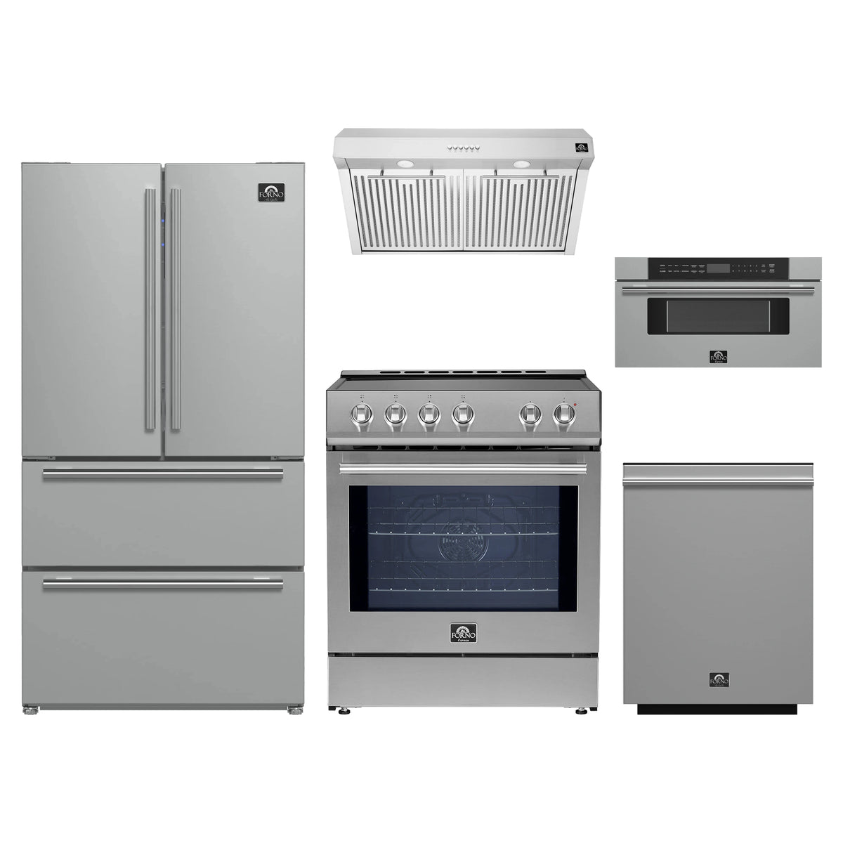 Forno 5-Piece Appliance Package - 30-Inch Induction Range, Under Cabinet Range Hood, French Door Refrigerator, Dishwasher, and 30-Inch Microwave Drawer in Stainless Steel