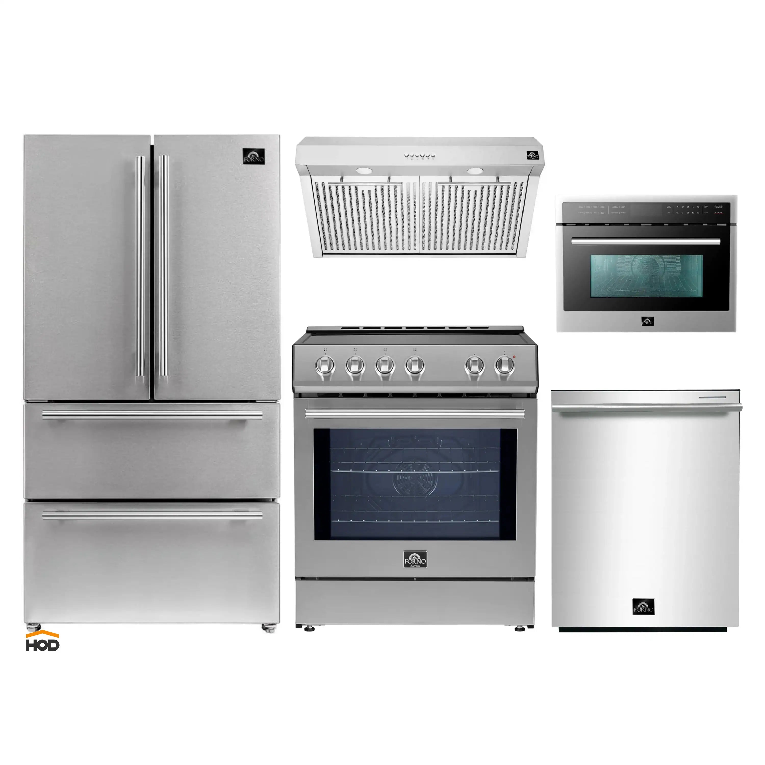 Stainless steel 5-piece appliance package set: refrigerator, range, hood, dishwasher, microwave