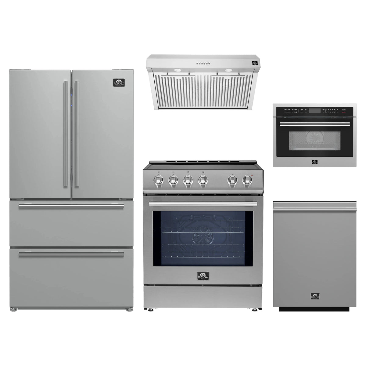 Forno 5-Piece Appliance Package - 30-Inch Induction Range, Under Cabinet Range Hood, Refrigerator, Dishwasher, and 24-Inch Microwave Oven in Stainless Steel