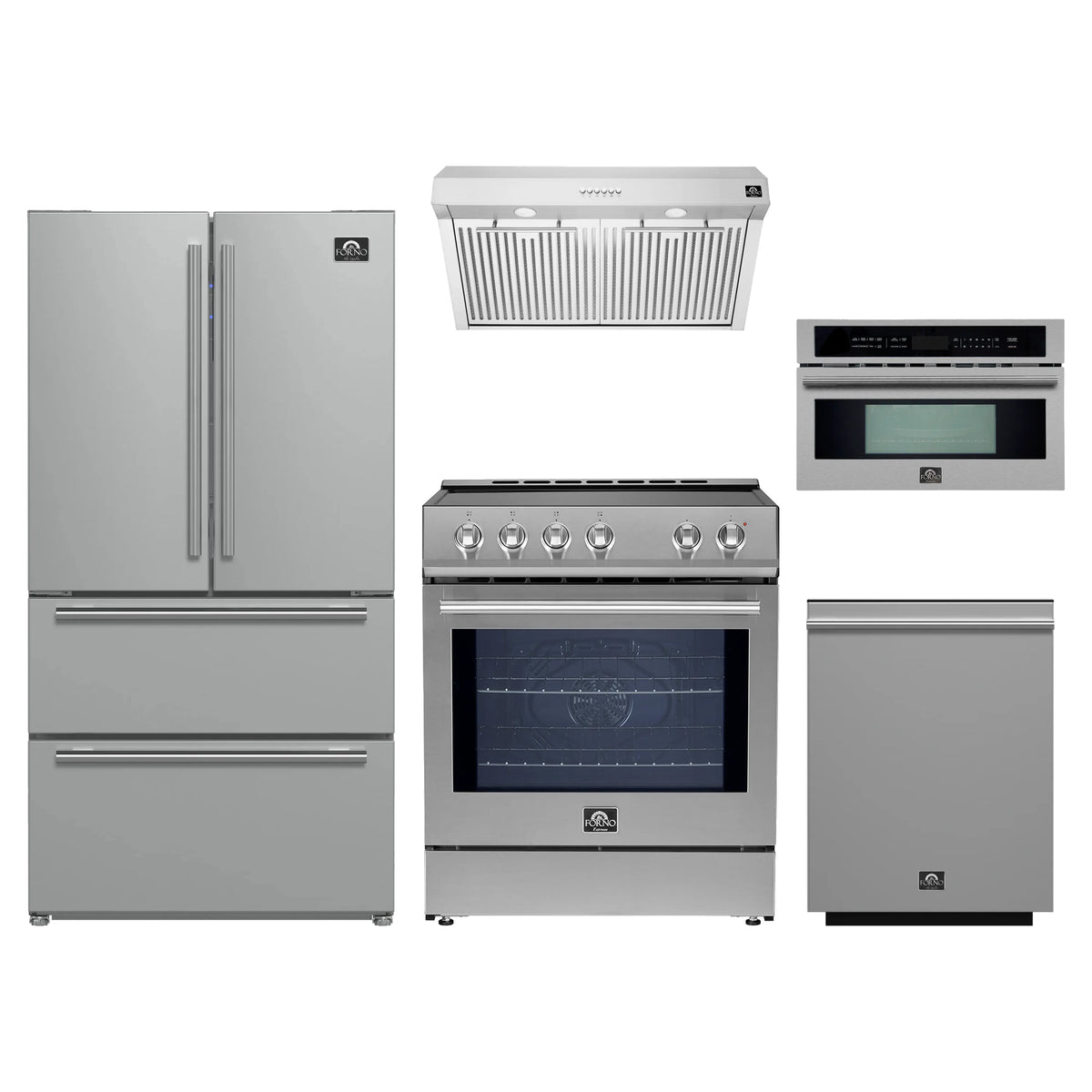 Forno 5-Piece Appliance Package - 30-Inch Induction Range, Under Cabinet Range Hood, Refrigerator, Dishwasher, and 30-Inch Microwave Oven in Stainless Steel