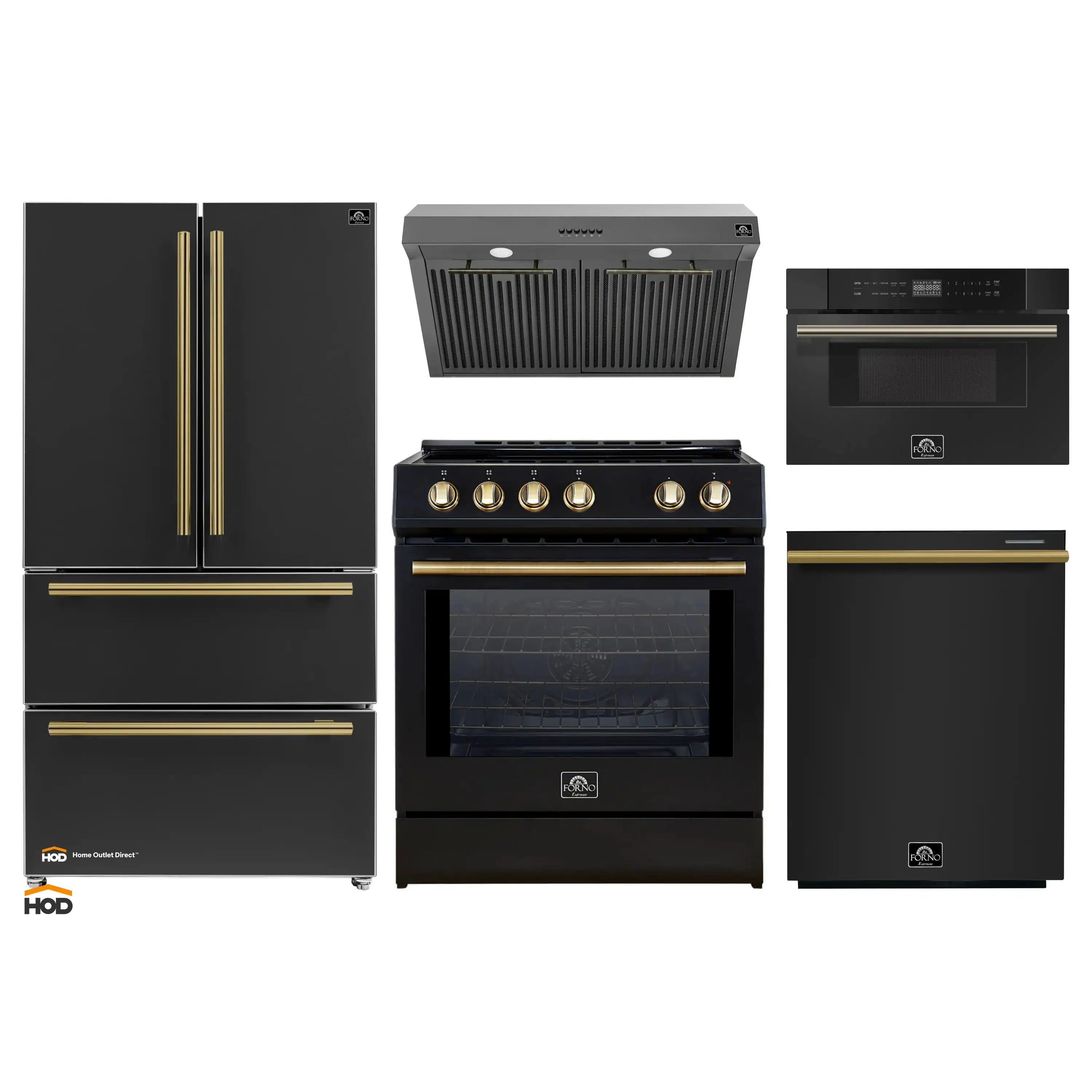Black appliance package with antique brass accents: range, refrigerator, dishwasher, hood, microwave