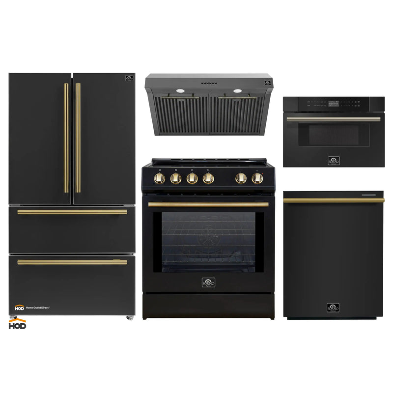 Forno 5-Piece Appliance Package - 30-Inch Induction Range, Under Cabinet Range Hood, French Door Refrigerator, Dishwasher, and 30-Inch Microwave Drawer in Black with Antique Brass Trim
