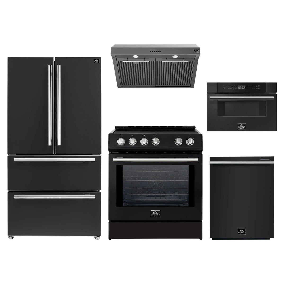 Forno 5-Piece Appliance Package - 30-Inch Induction Range, Under Cabinet Range Hood, French Door Refrigerator, Dishwasher, and 30-Inch Microwave Drawer in Black with Stainless Steel Trim