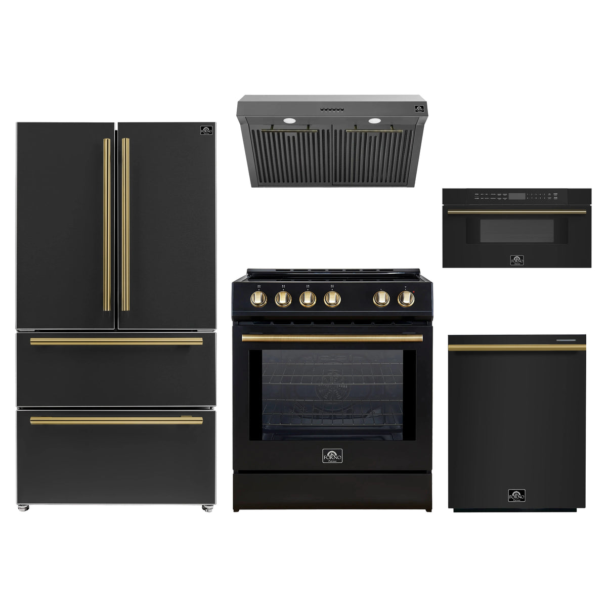 Forno 5-Piece Appliance Package - 30-Inch Induction Range, Under Cabinet Range Hood, French Door Refrigerator, Dishwasher, and 30-Inch Microwave Drawer in Black with Antique Brass Trim