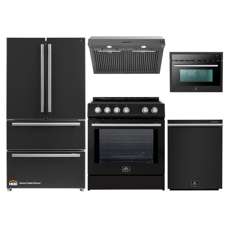 Forno 5-Piece Appliance Package - 30-Inch Inducton Range, Under Cabinet Range Hood, Refrigerator, Dishwasher, and  24-Inch Microwave Oven in Black with Stainless Steel Trim