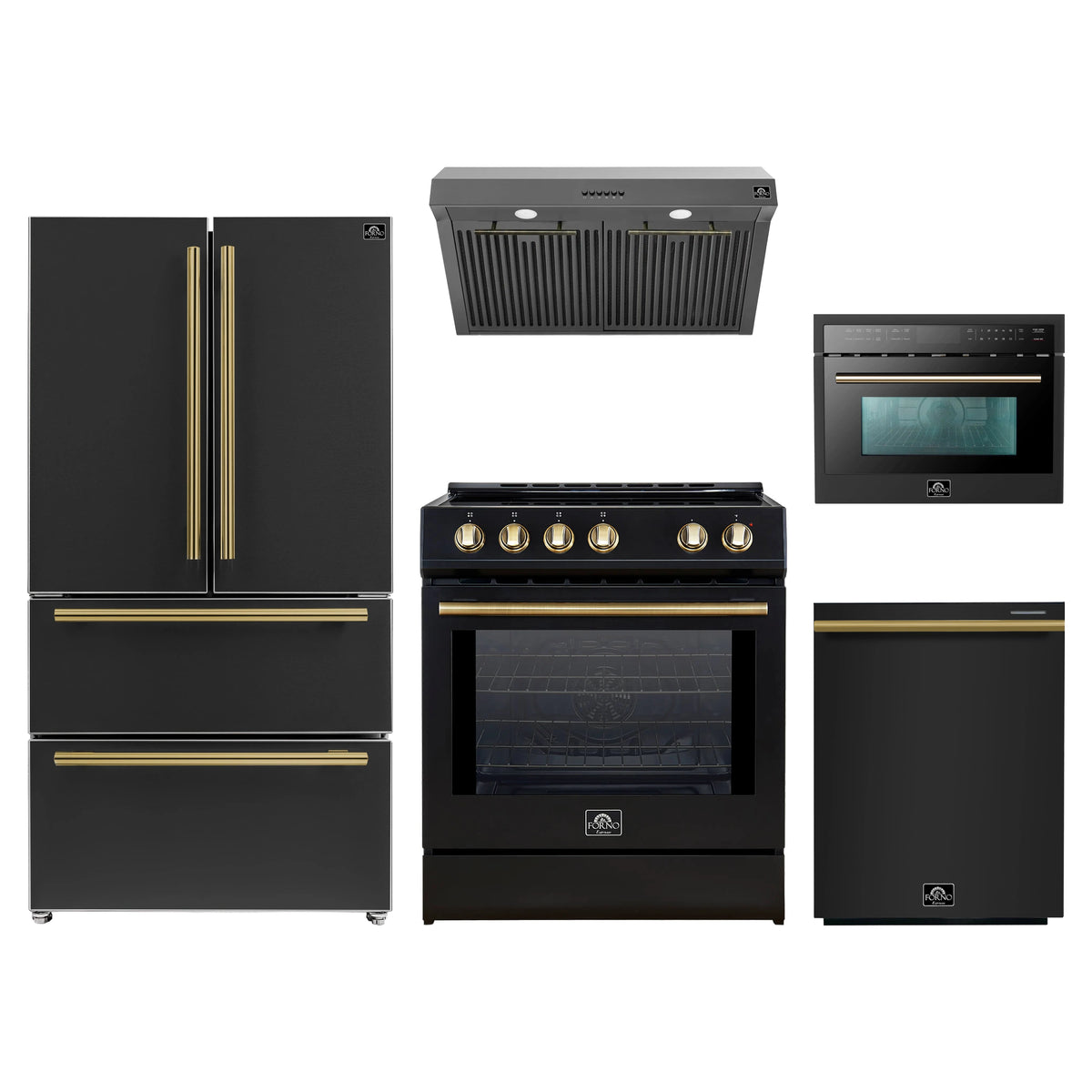 Forno 5-Piece Appliance Package - 30-Inch Induction Range, Under Cabinet Range Hood, Refrigerator, Dishwasher, and 24-Inch Microwave Oven in Black with Antique Brass Trim