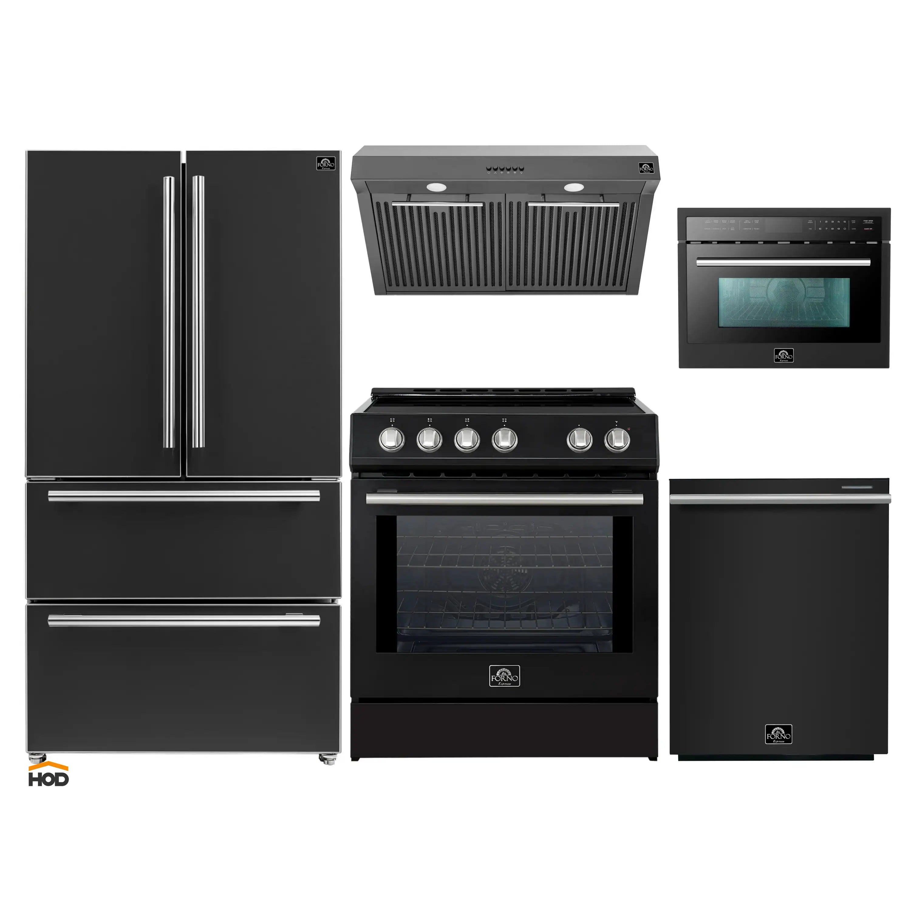 Black stainless appliance package with refrigerator, range, microwave, and dishwasher