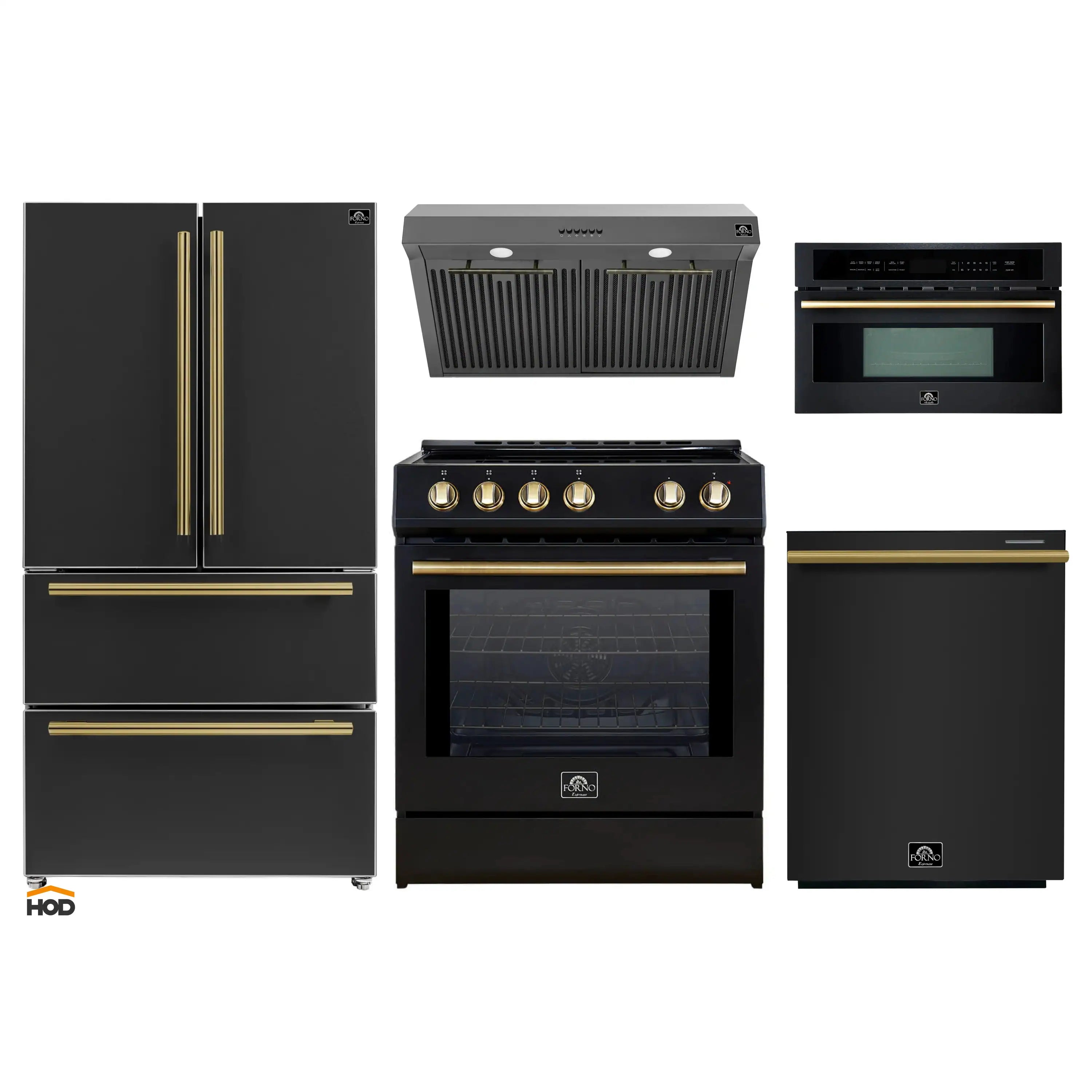 Black 5-piece kitchen appliance package with antique brass trim